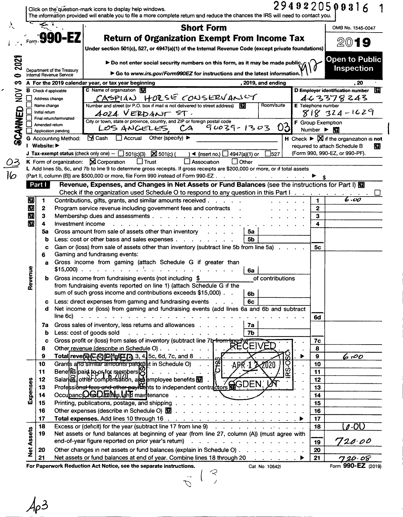 Image of first page of 2019 Form 990EZ for Caspian Horse Conservancy