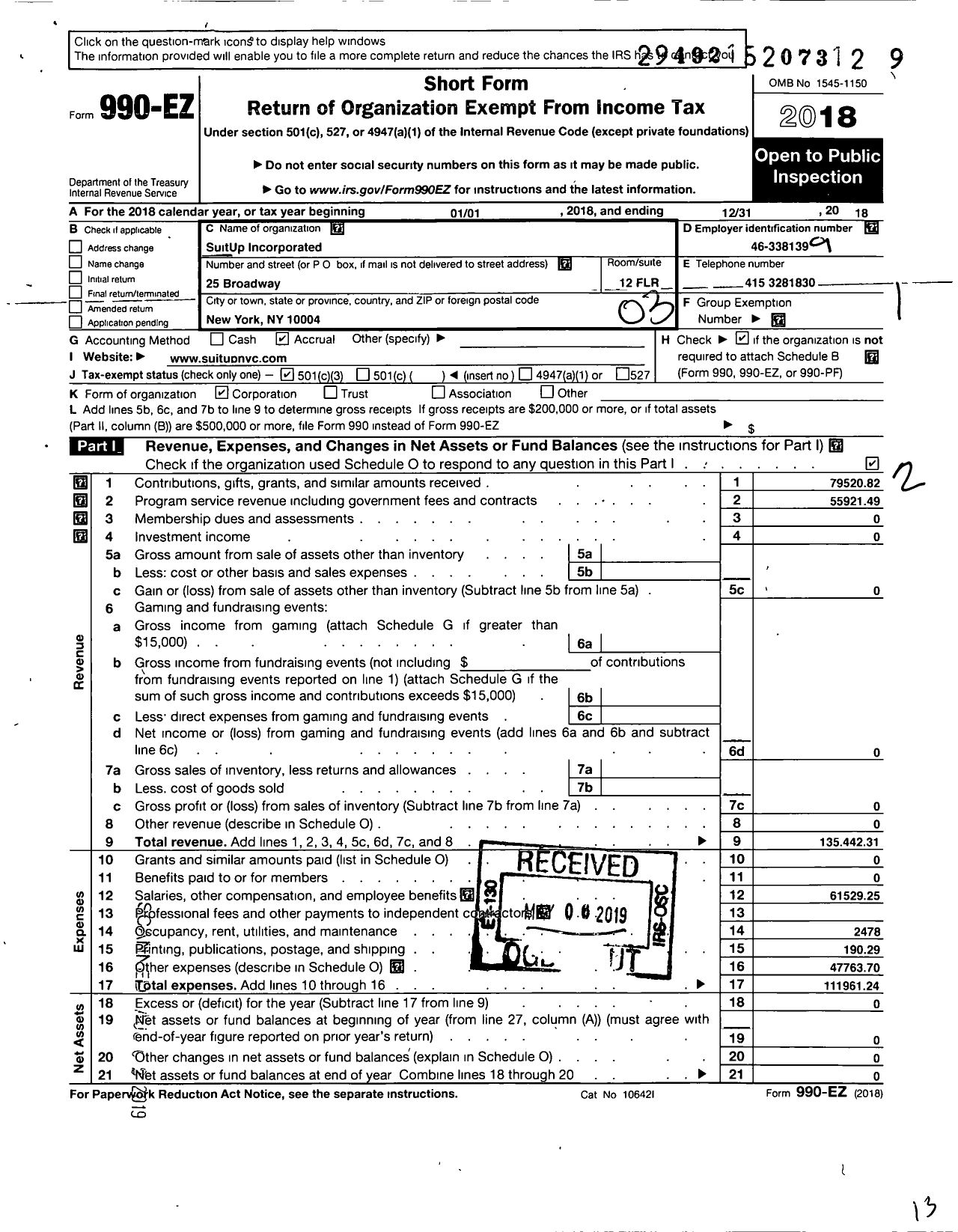 Image of first page of 2018 Form 990EZ for Suitup Incorporated