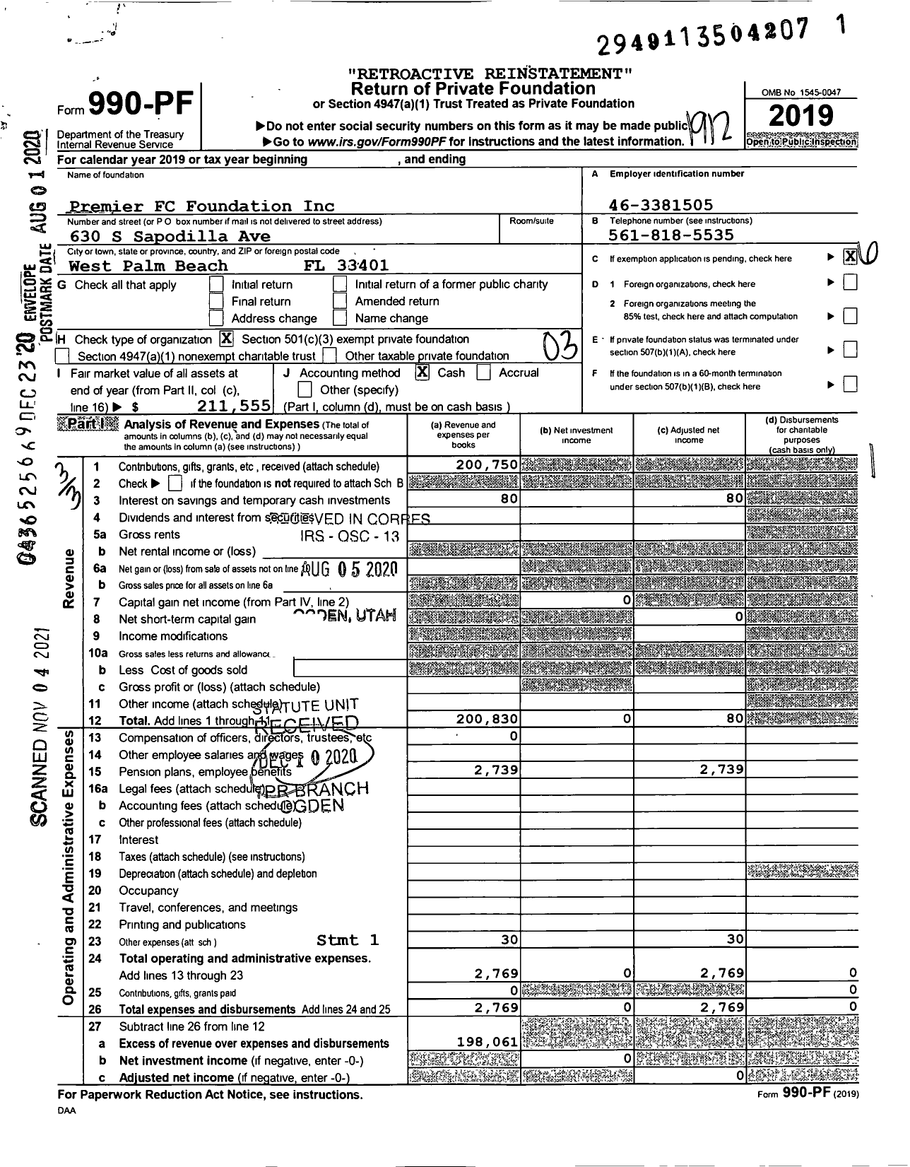 Image of first page of 2019 Form 990PF for Premier FC Foundation