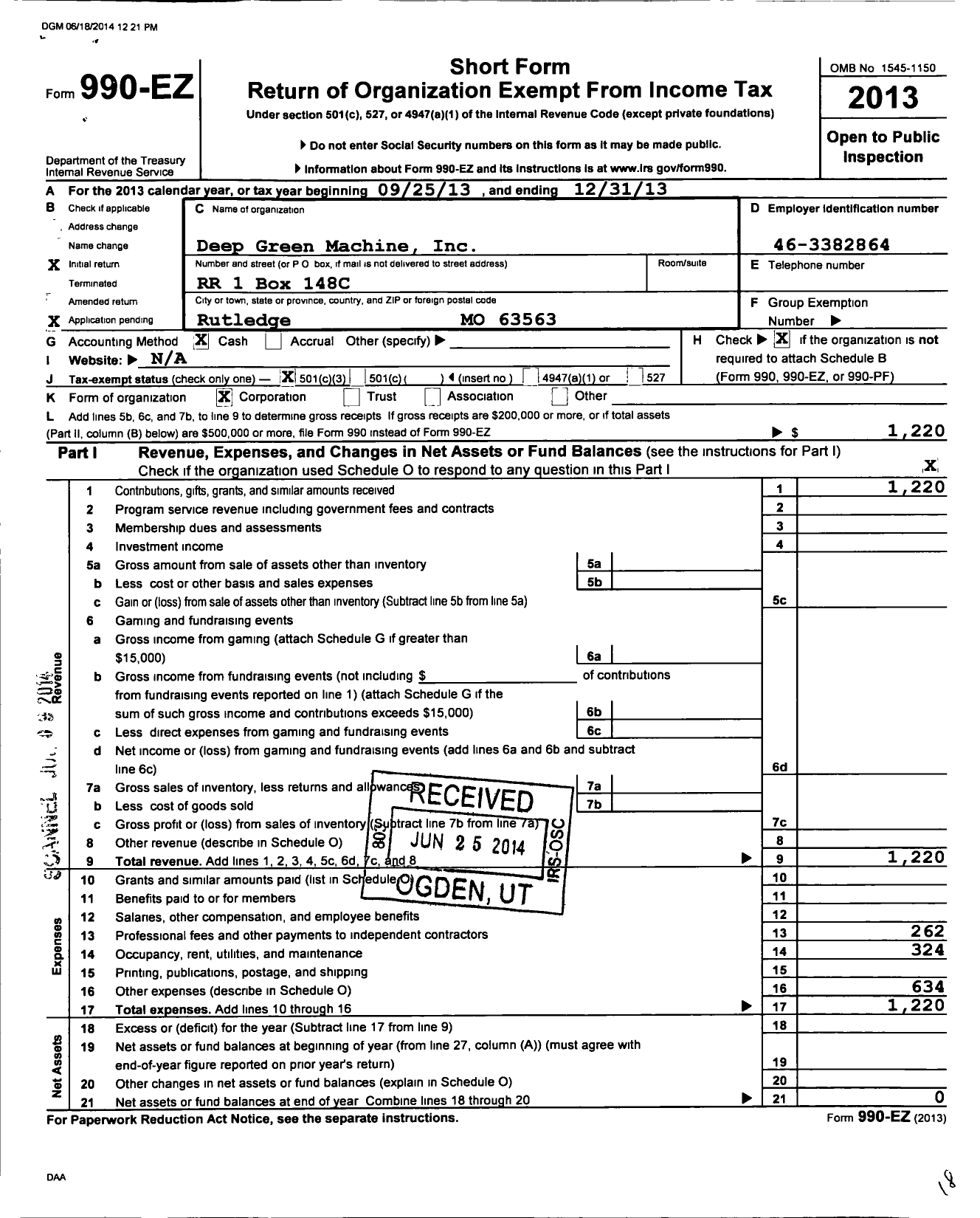 Image of first page of 2013 Form 990EZ for Deep Green Machine