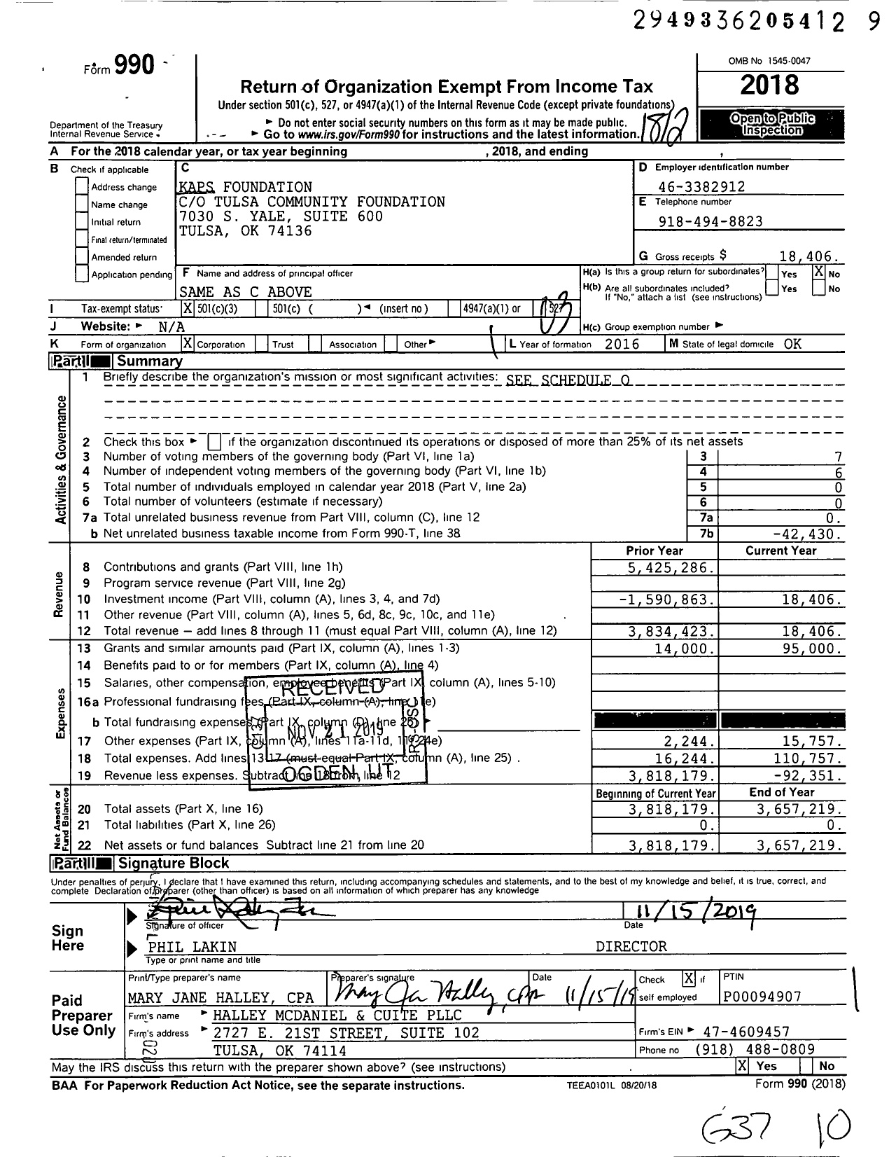 Image of first page of 2018 Form 990 for Kaps Foundation