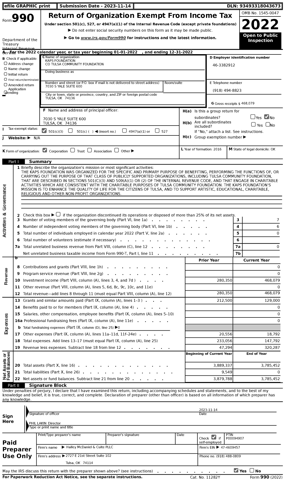 Image of first page of 2022 Form 990 for Kaps Foundation