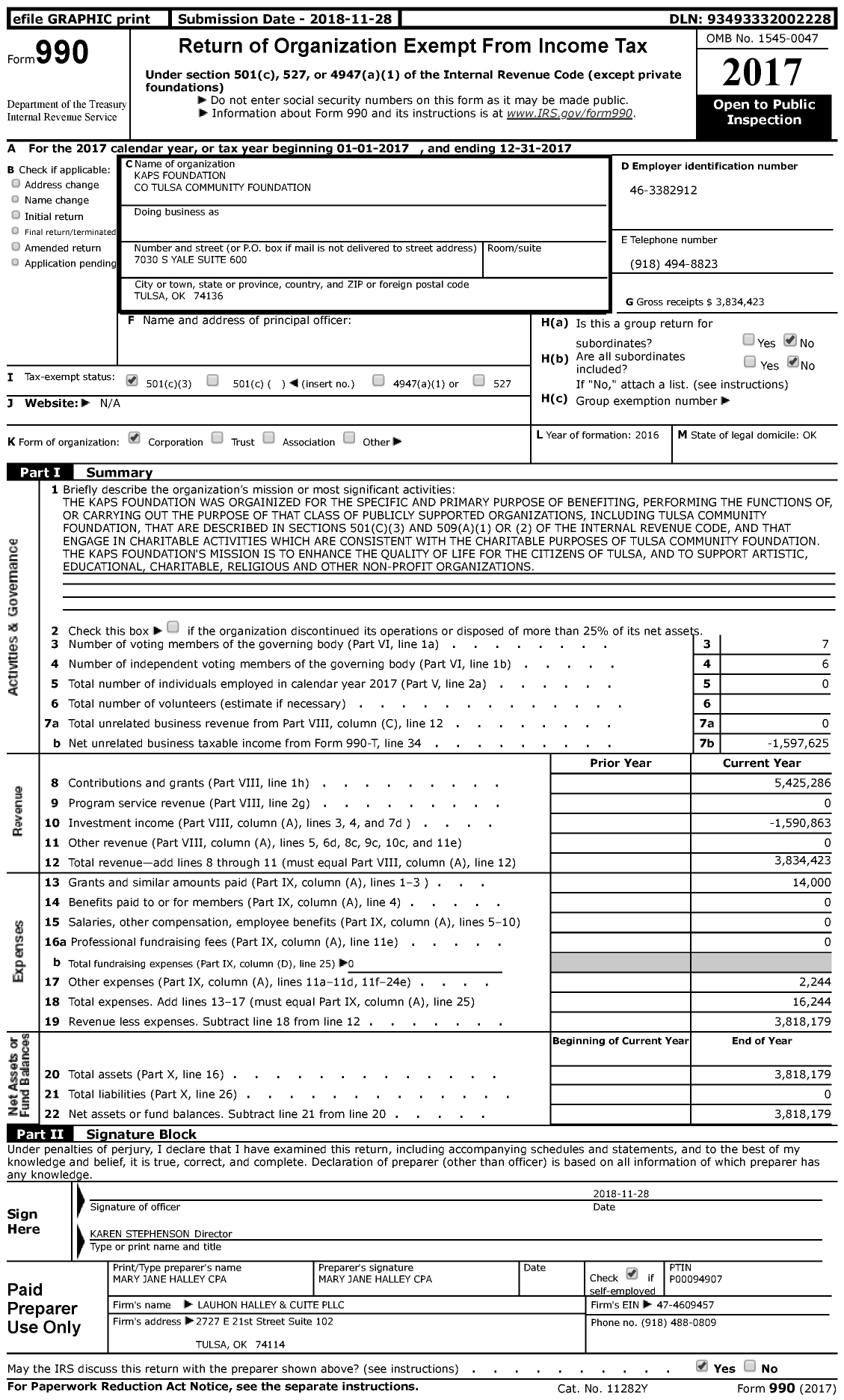 Image of first page of 2017 Form 990 for Kaps Foundation