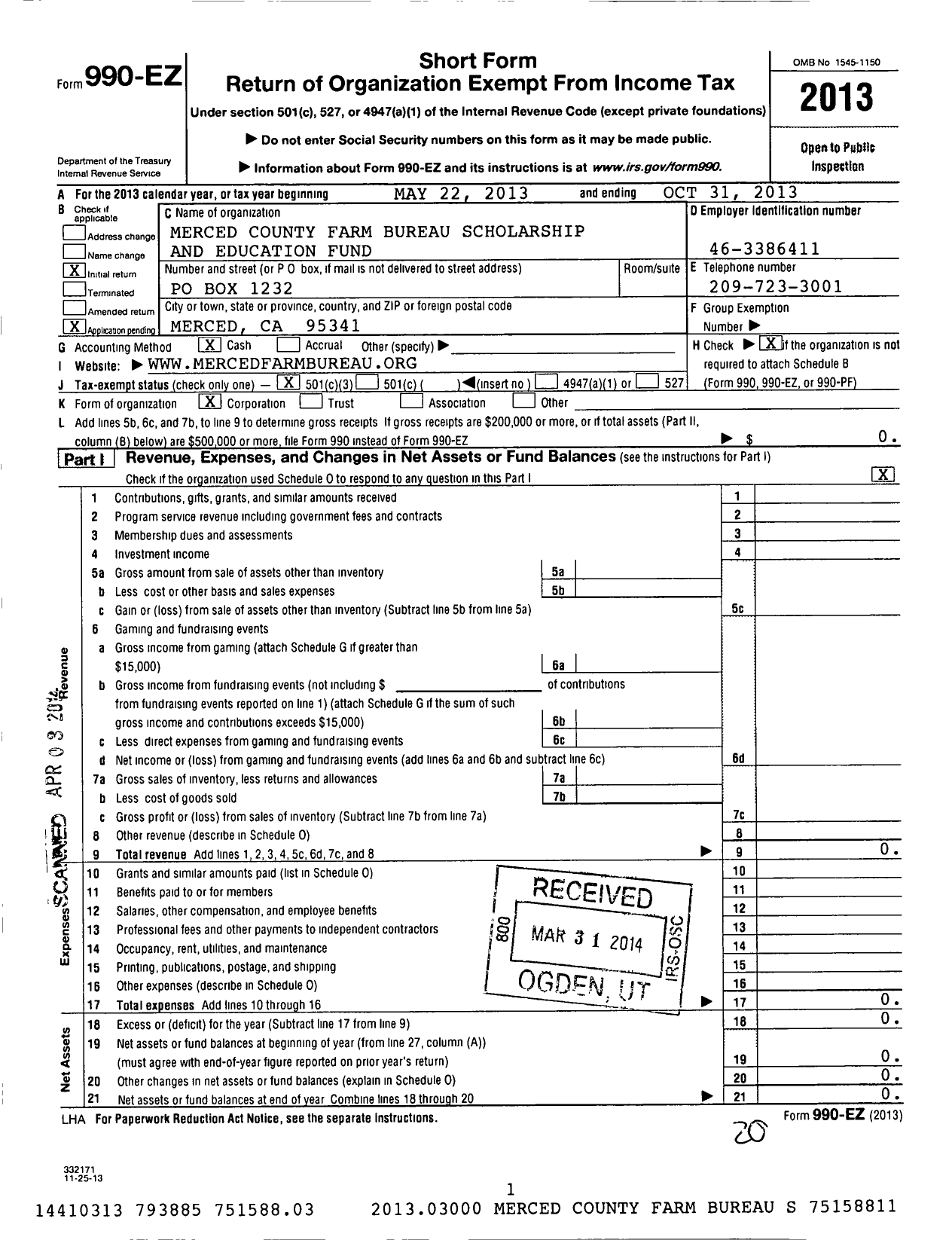 Image of first page of 2012 Form 990EZ for Merced County Farm Bureau Scholarship and Education Fund