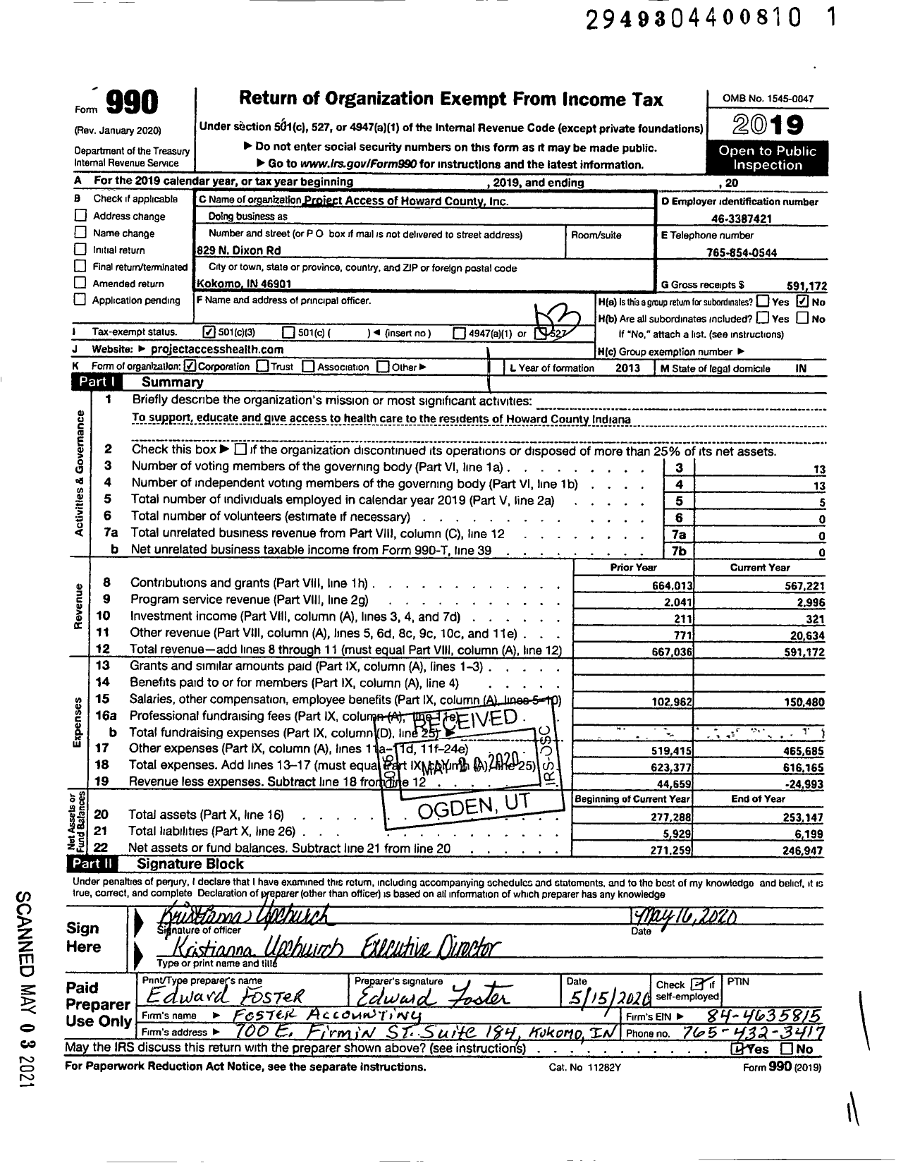 Image of first page of 2019 Form 990 for Project Access of Howard County