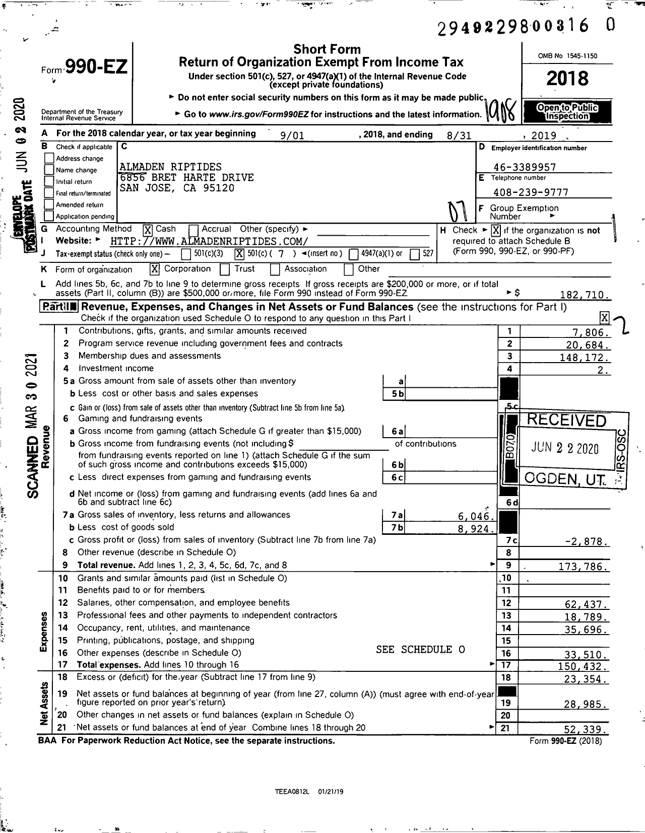 Image of first page of 2018 Form 990EO for Almaden Riptides