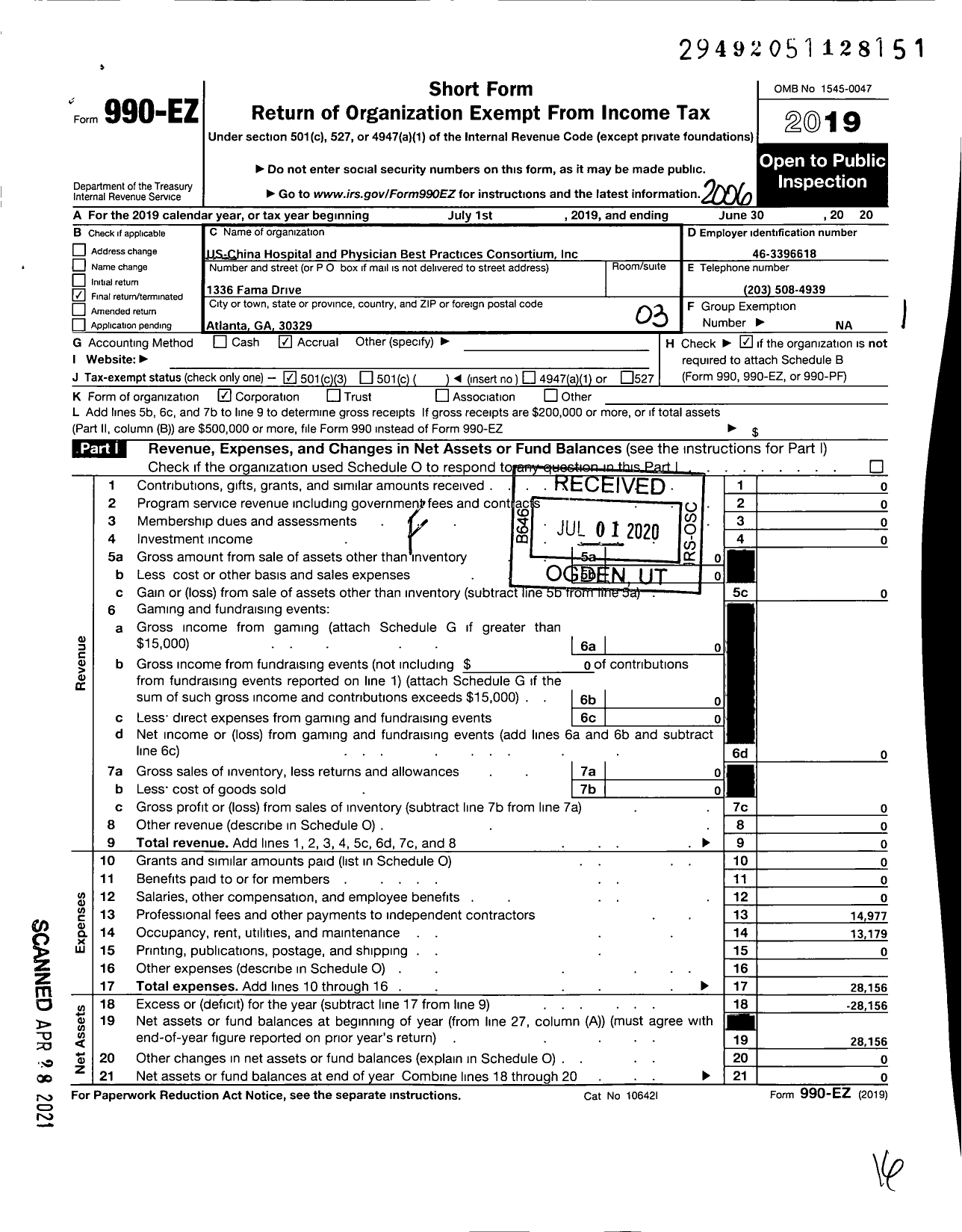 Image of first page of 2019 Form 990EZ for Us-China Hospital and Physician Best Practices Consortium