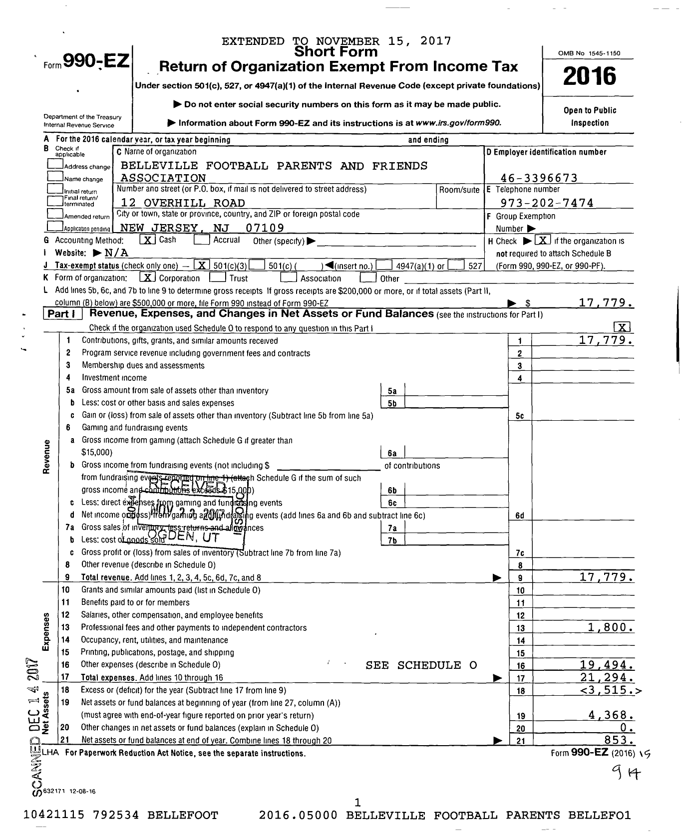 Image of first page of 2016 Form 990EZ for Belleville Football Parents and Friends Association