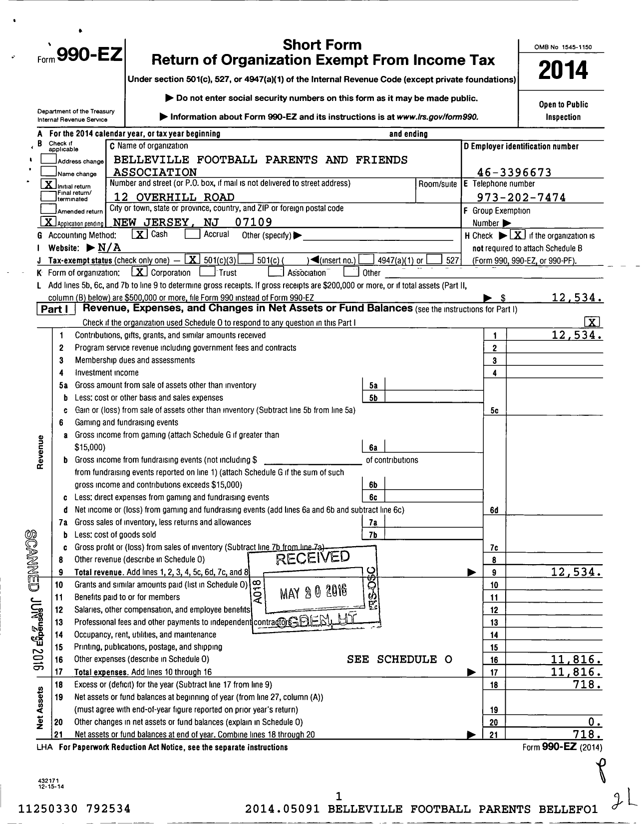 Image of first page of 2014 Form 990EZ for Belleville Football Parents and Friends Association