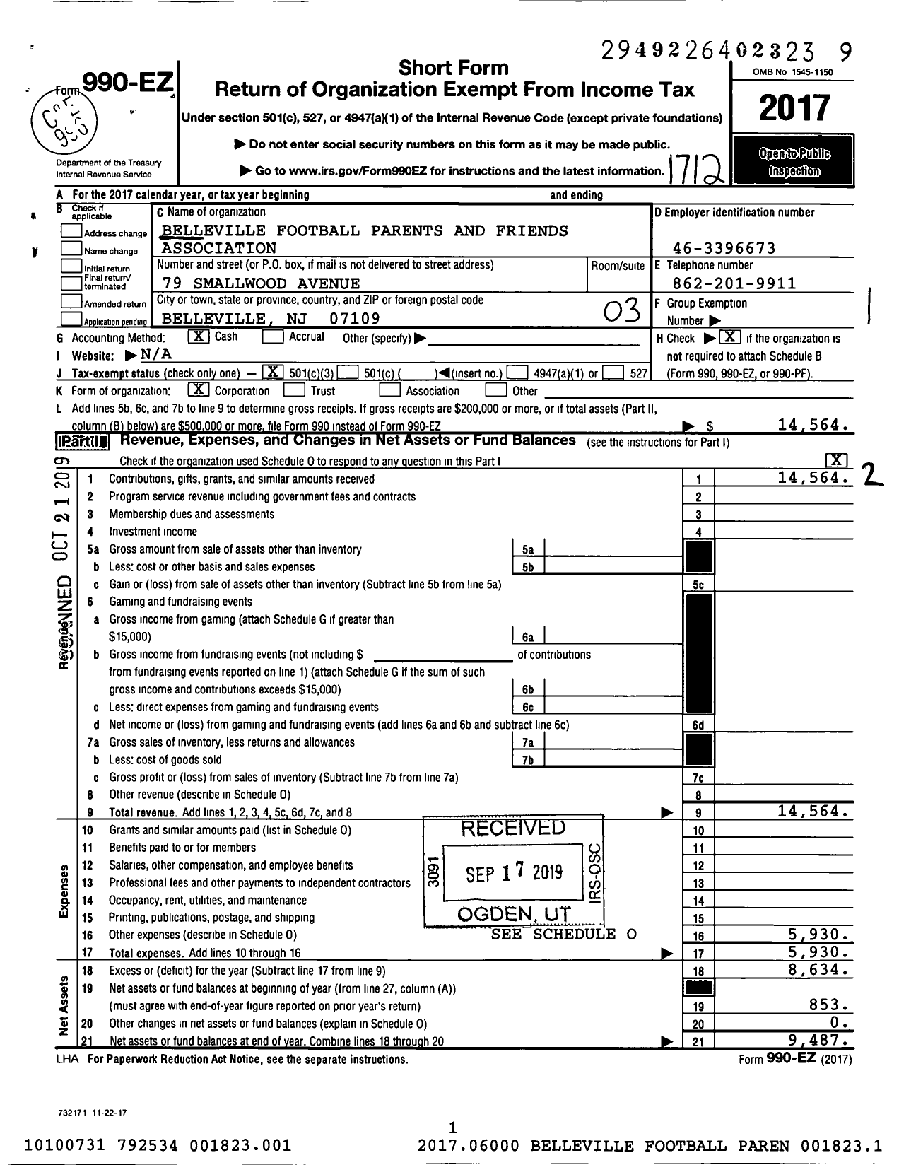 Image of first page of 2017 Form 990EZ for Belleville Football Parents and Friends Association