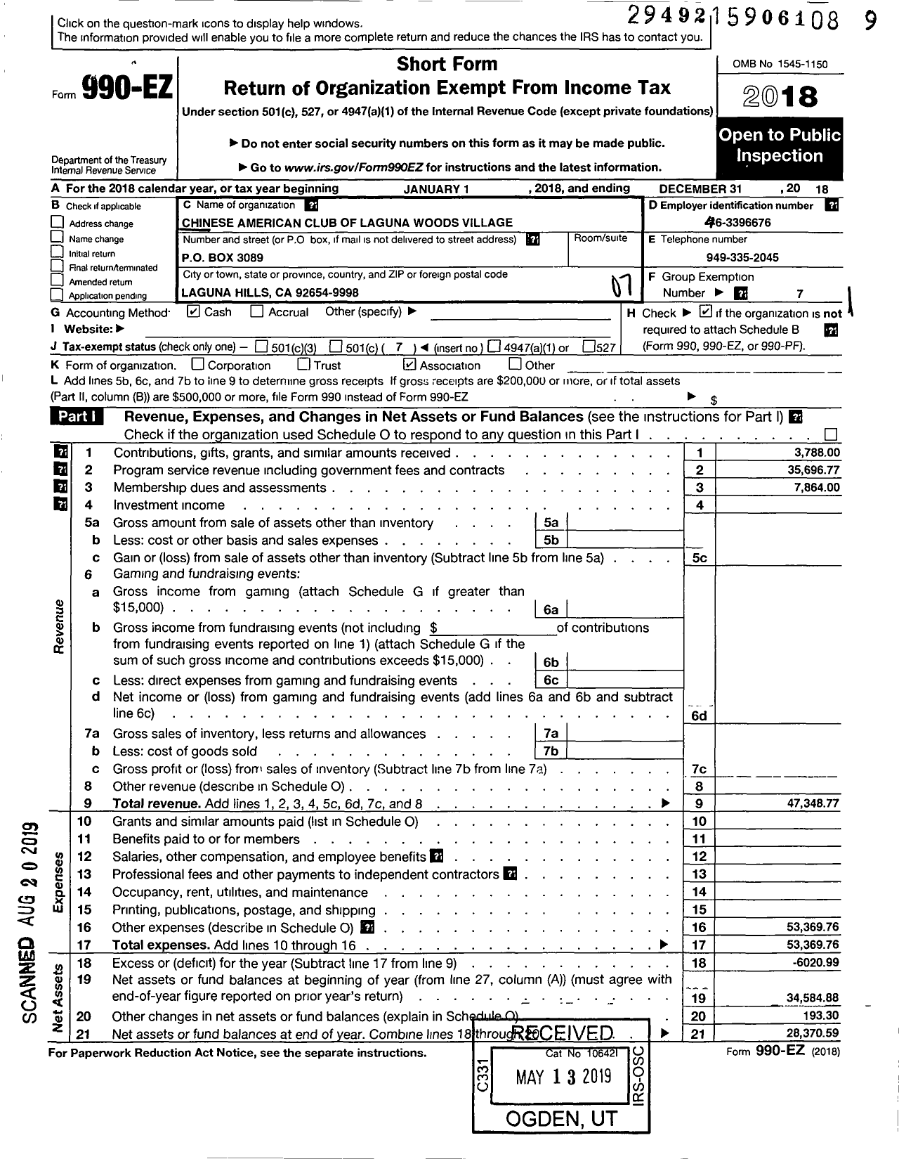 Image of first page of 2018 Form 990EO for Chinese American Club of Laguna Woods Village