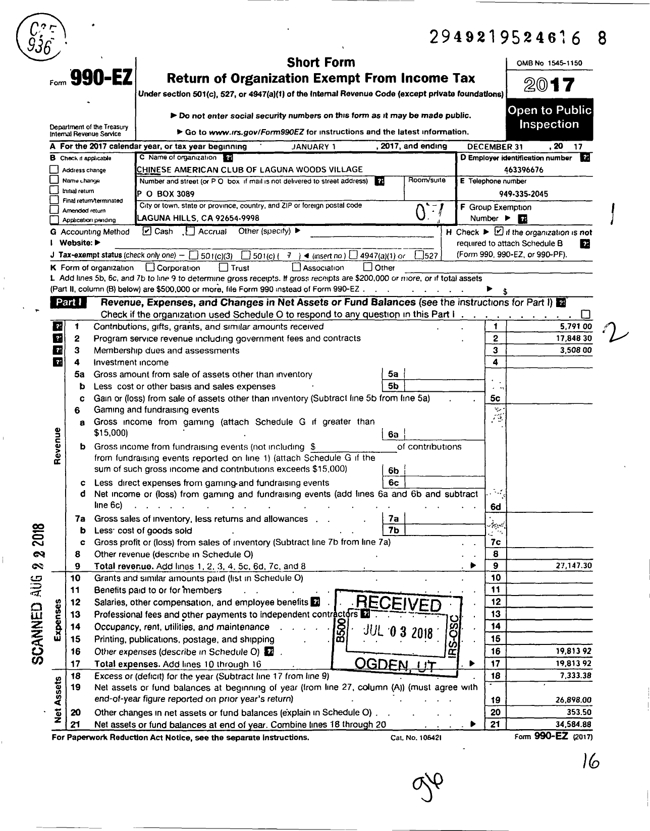 Image of first page of 2017 Form 990EO for Chinese American Club of Laguna Woods Village