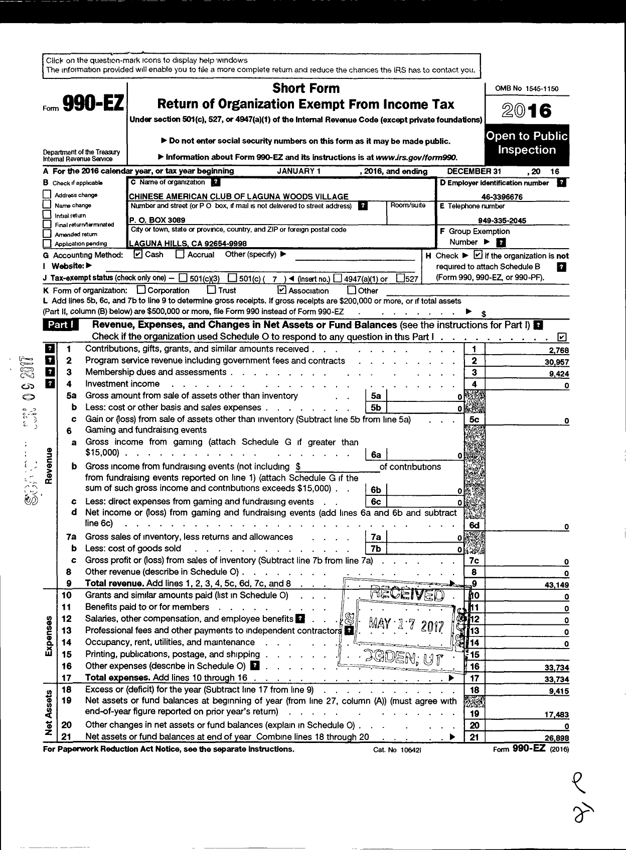 Image of first page of 2016 Form 990EO for Chinese American Club of Laguna Woods Village