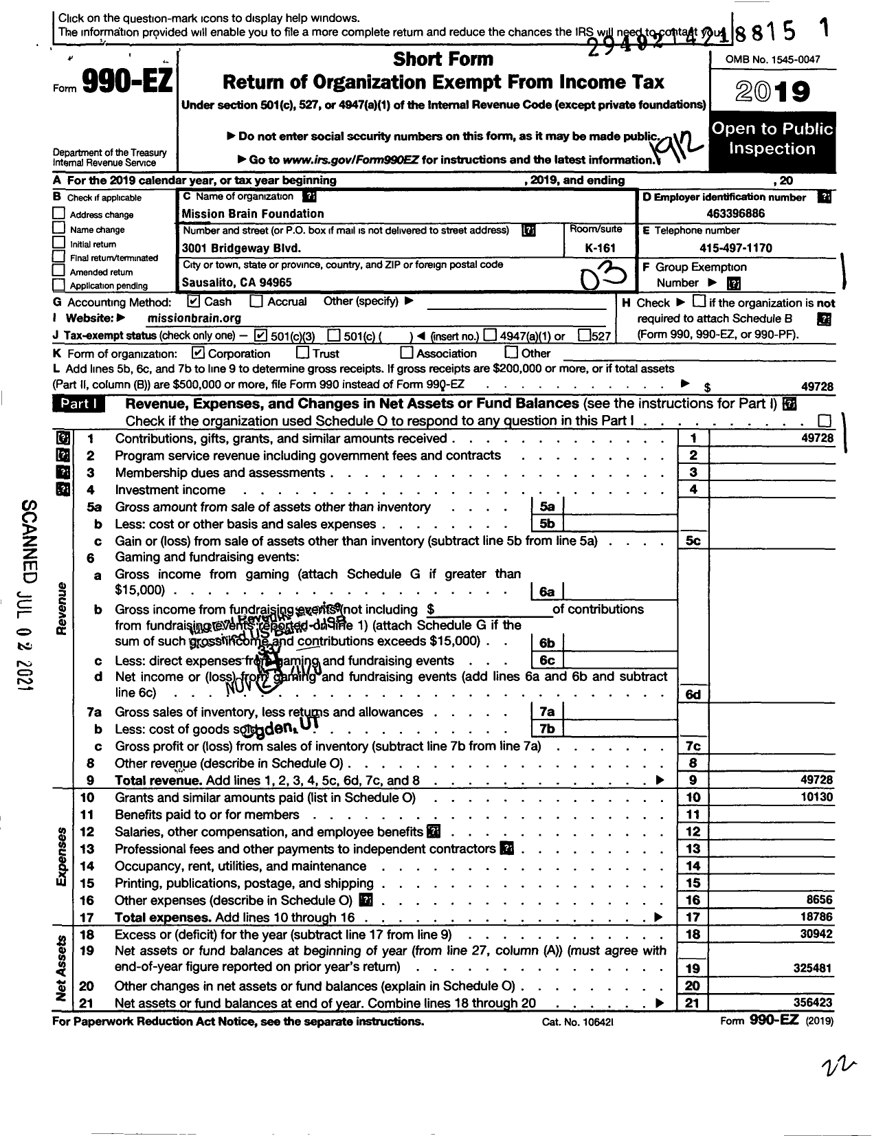 Image of first page of 2019 Form 990EZ for Mission Brain Foundation