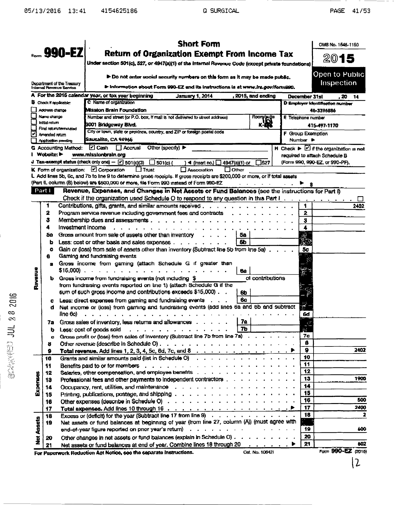 Image of first page of 2014 Form 990EZ for Mission Brain Foundation