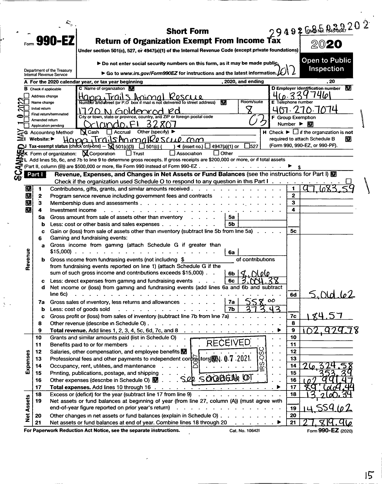 Image of first page of 2020 Form 990EZ for Happy Trails Animal Rescue