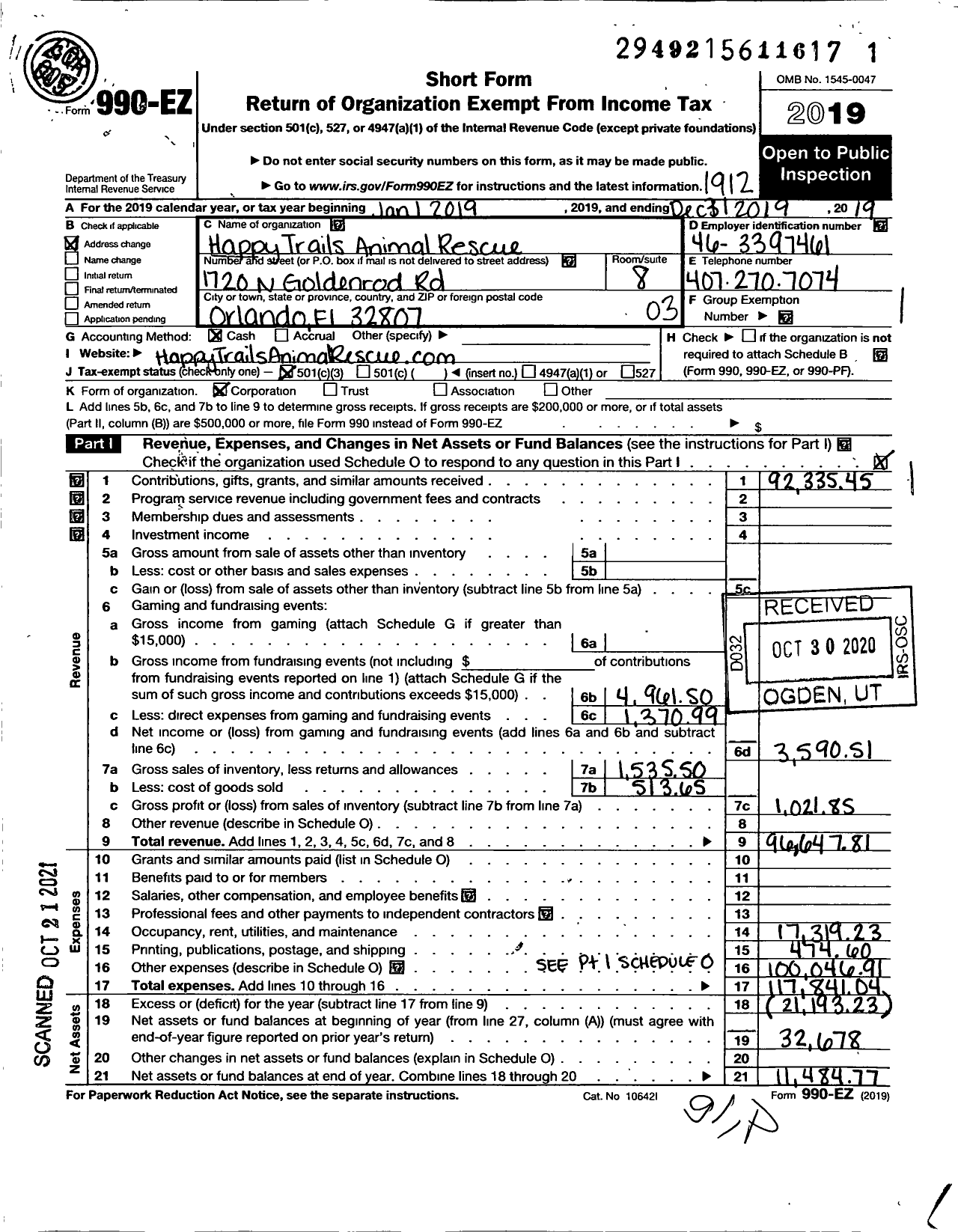 Image of first page of 2019 Form 990EZ for Happy Trails Animal Rescue