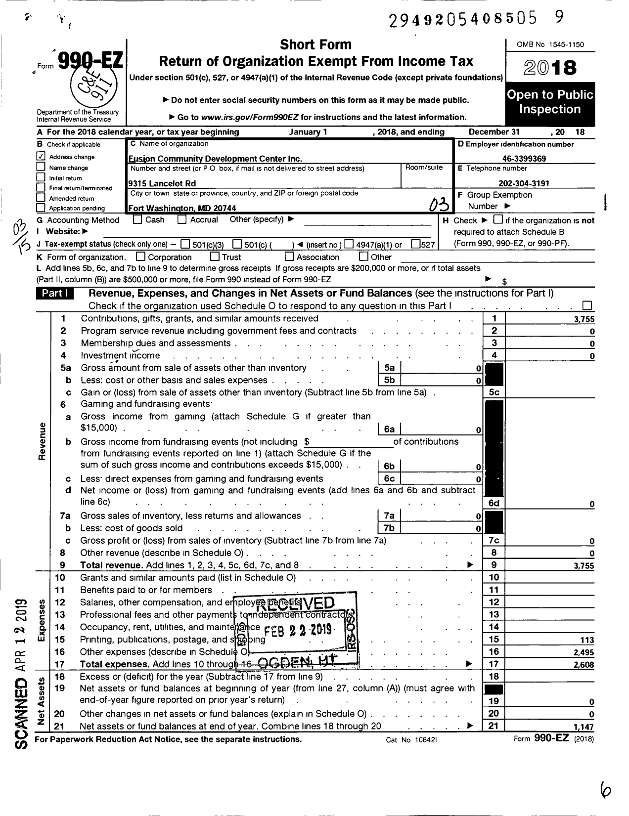 Image of first page of 2018 Form 990EZ for Fusion Community Development Center