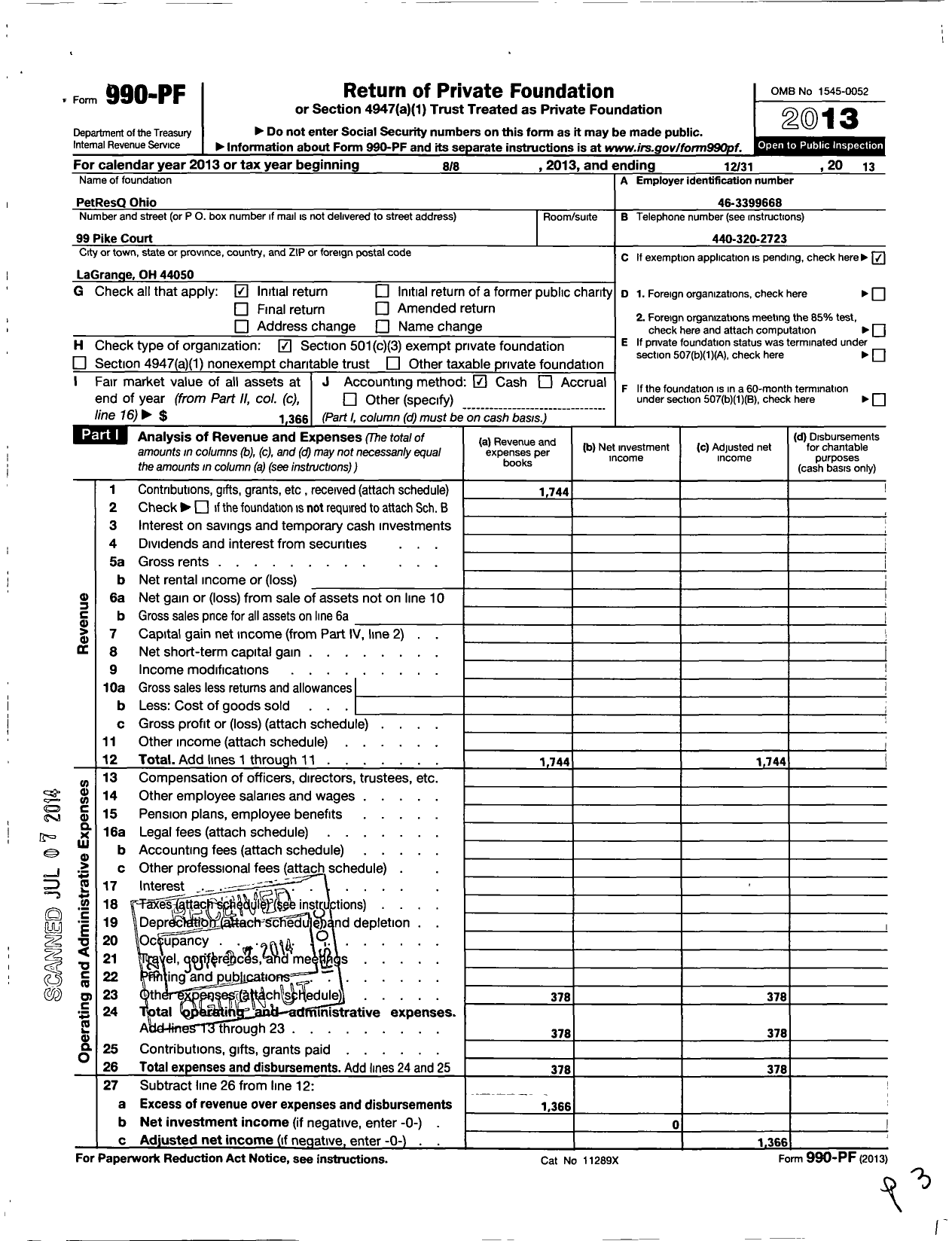 Image of first page of 2013 Form 990PF for Petresq Ohio