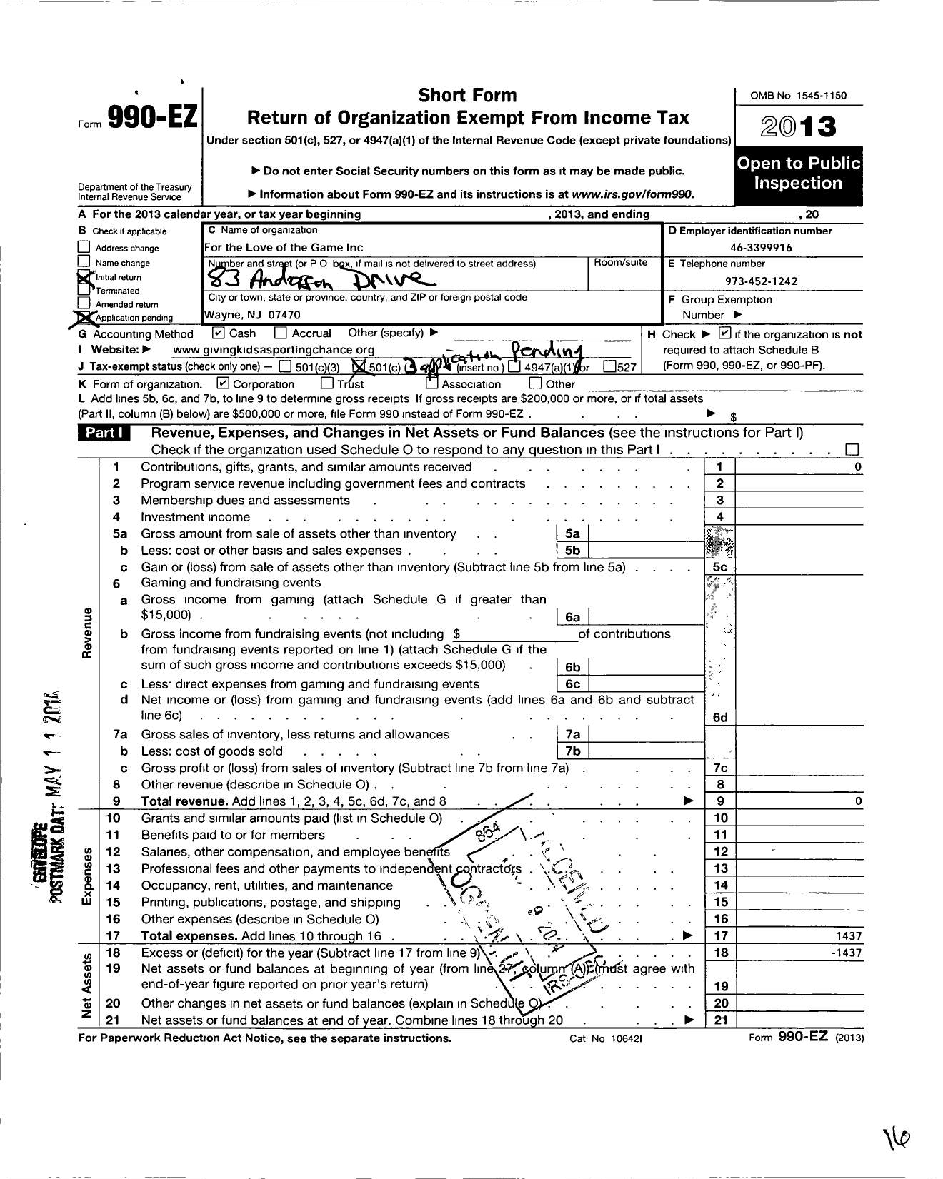 Image of first page of 2013 Form 990EZ for For the Love of the Game