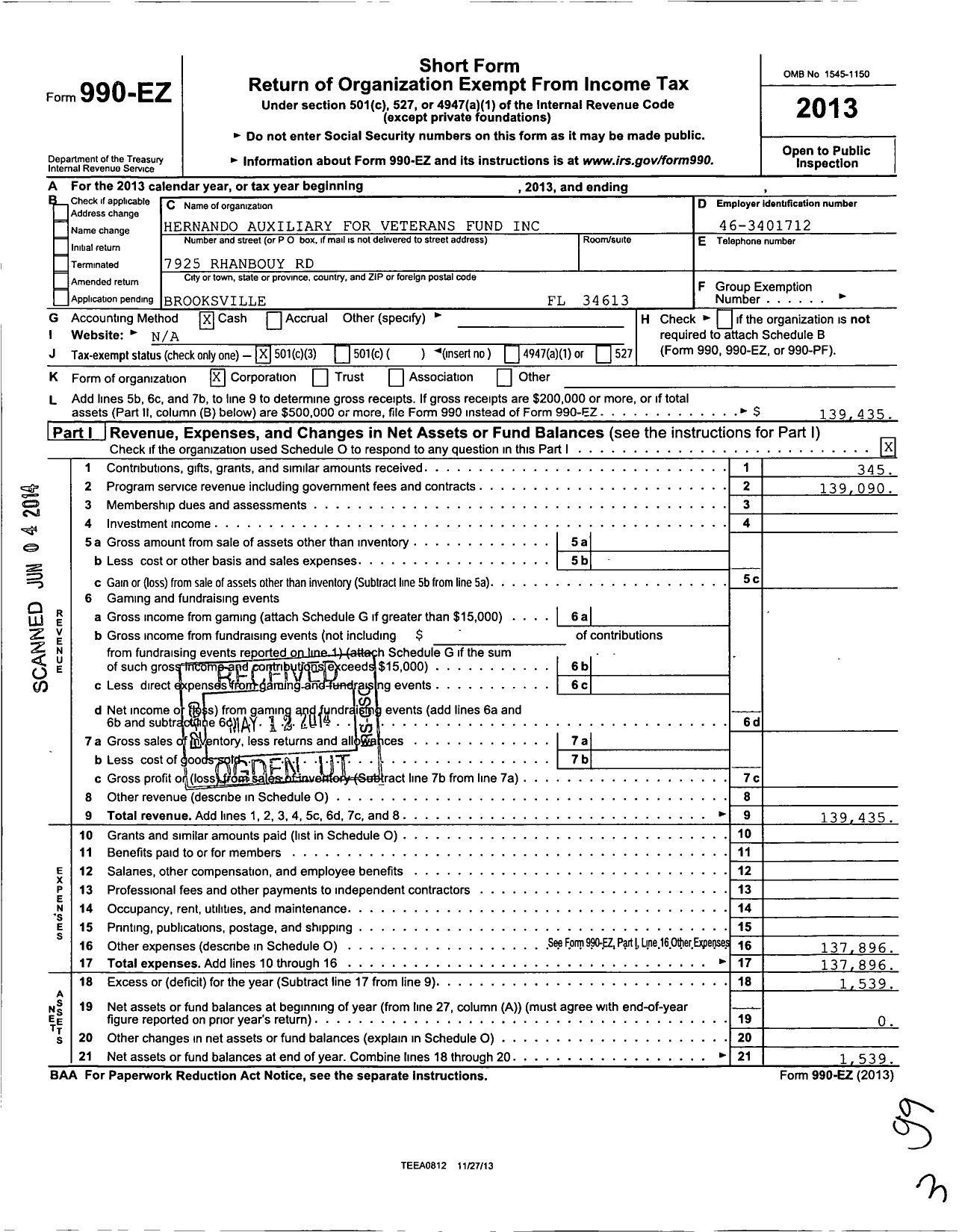 Image of first page of 2013 Form 990EZ for Hernando Auxiliary for Veterans Fund