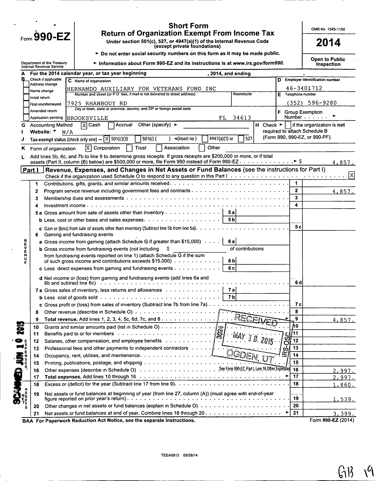 Image of first page of 2014 Form 990EZ for Hernando Auxiliary for Veterans Fund