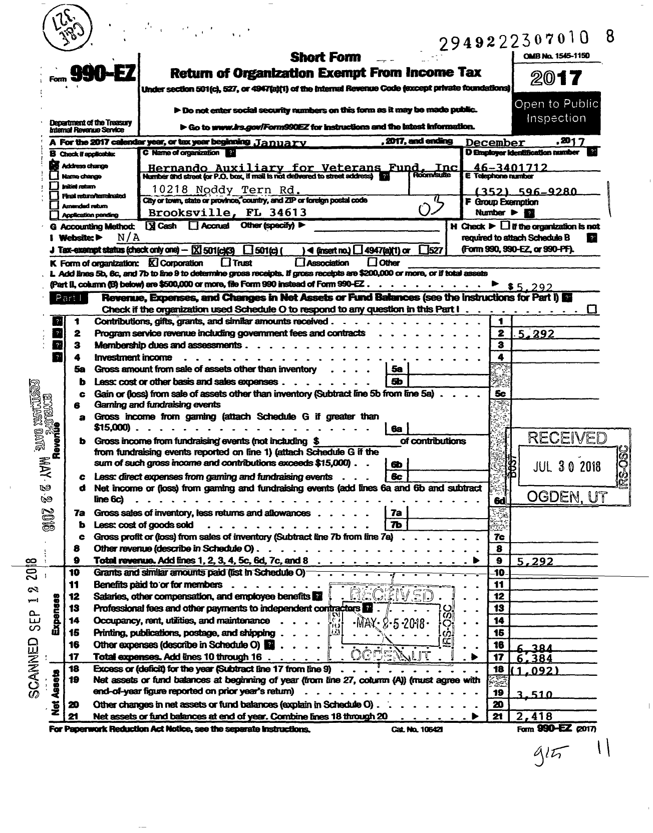 Image of first page of 2017 Form 990EZ for Hernando Auxiliary for Veterans Fund