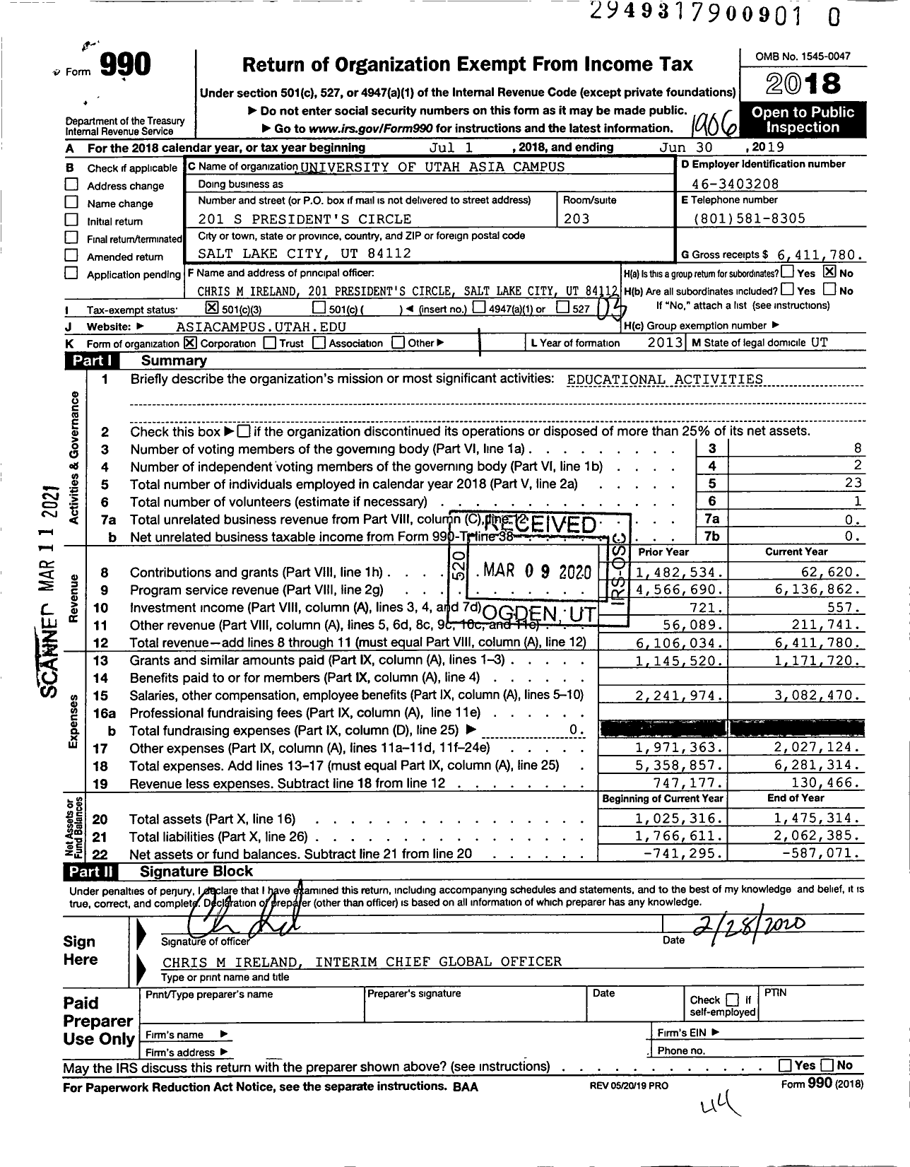 Image of first page of 2018 Form 990 for University of Utah Asia Campus