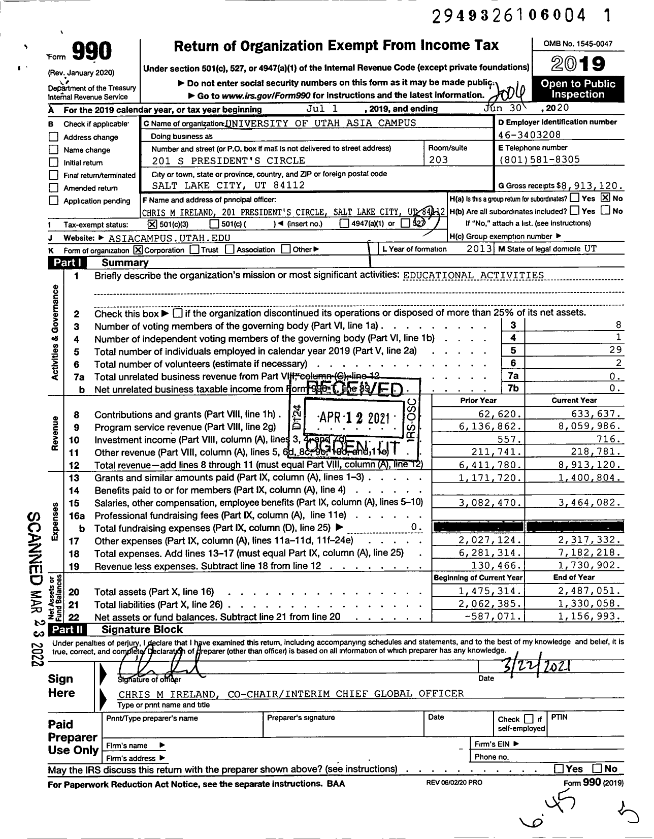 Image of first page of 2019 Form 990 for University of Utah Asia Campus