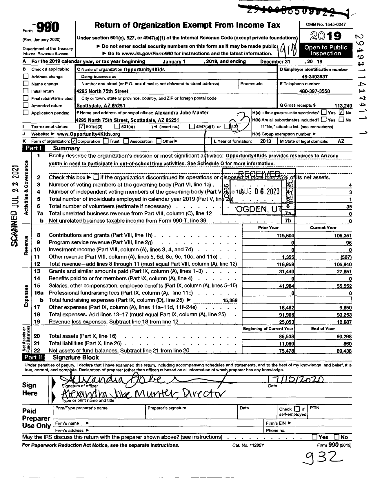 Image of first page of 2019 Form 990 for Opportunity4Kids