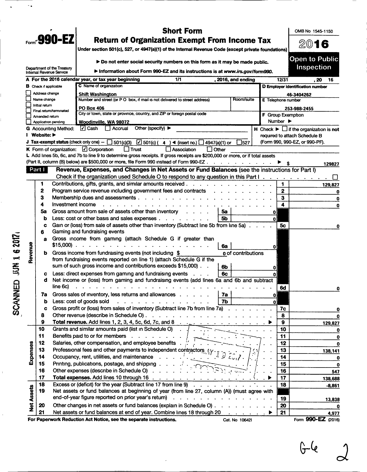 Image of first page of 2016 Form 990EO for Shift Washington