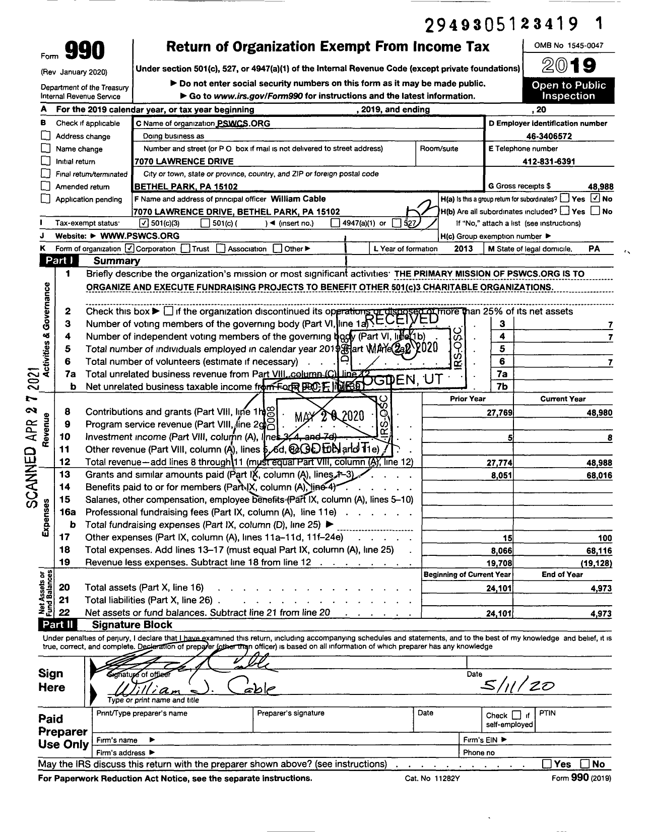 Image of first page of 2019 Form 990 for Pswcsorg