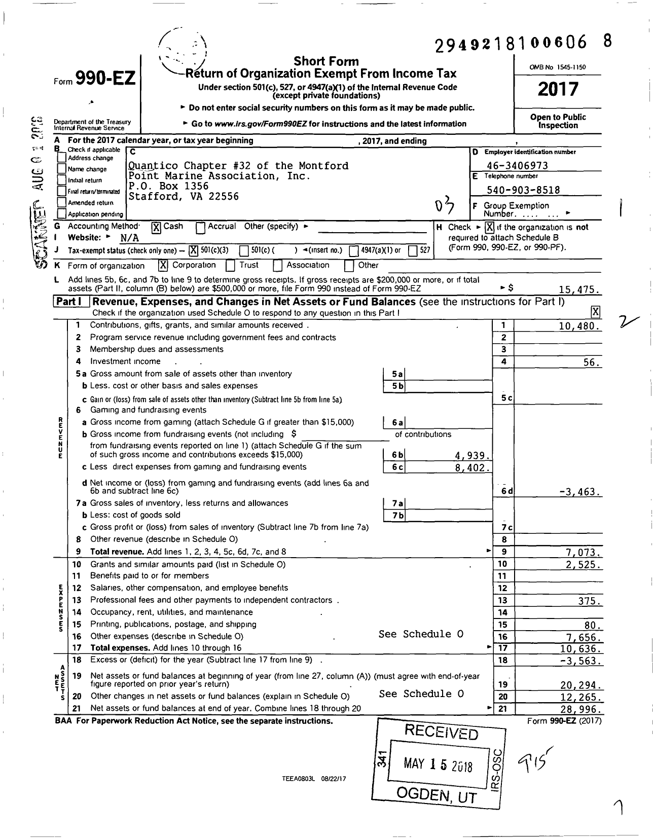 Image of first page of 2017 Form 990EZ for Quantico Chapter 32 of the Montford Point Marine Association