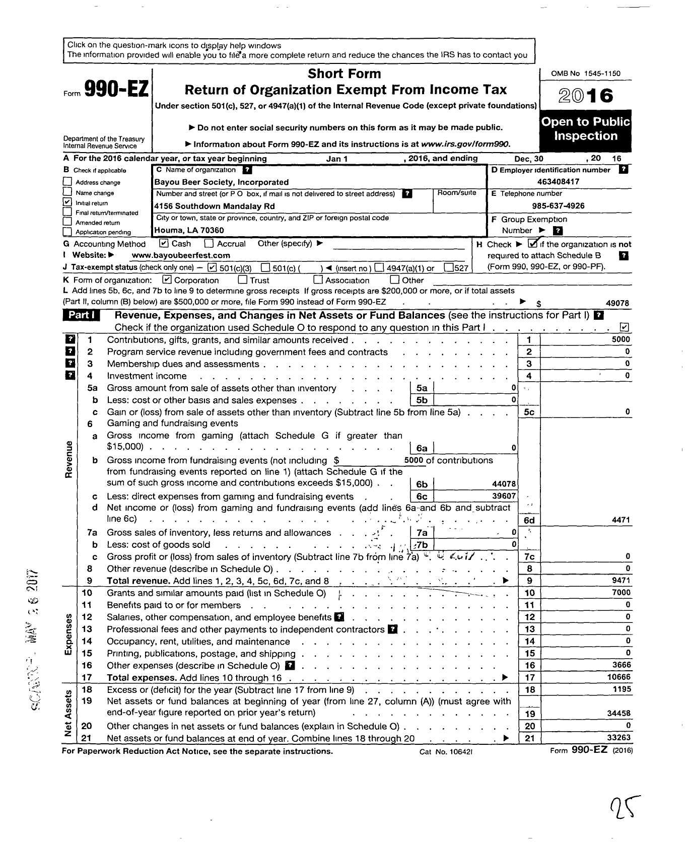 Image of first page of 2016 Form 990EZ for Bayou Beer Society