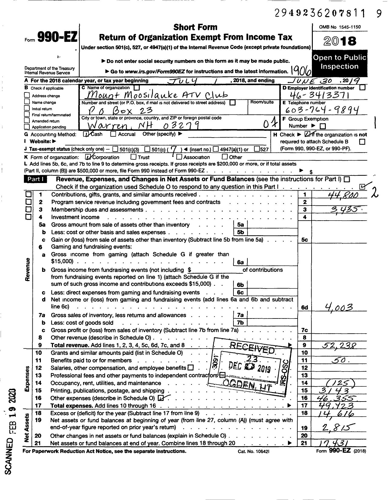 Image of first page of 2018 Form 990EO for Mount Moosilauke Atv Club