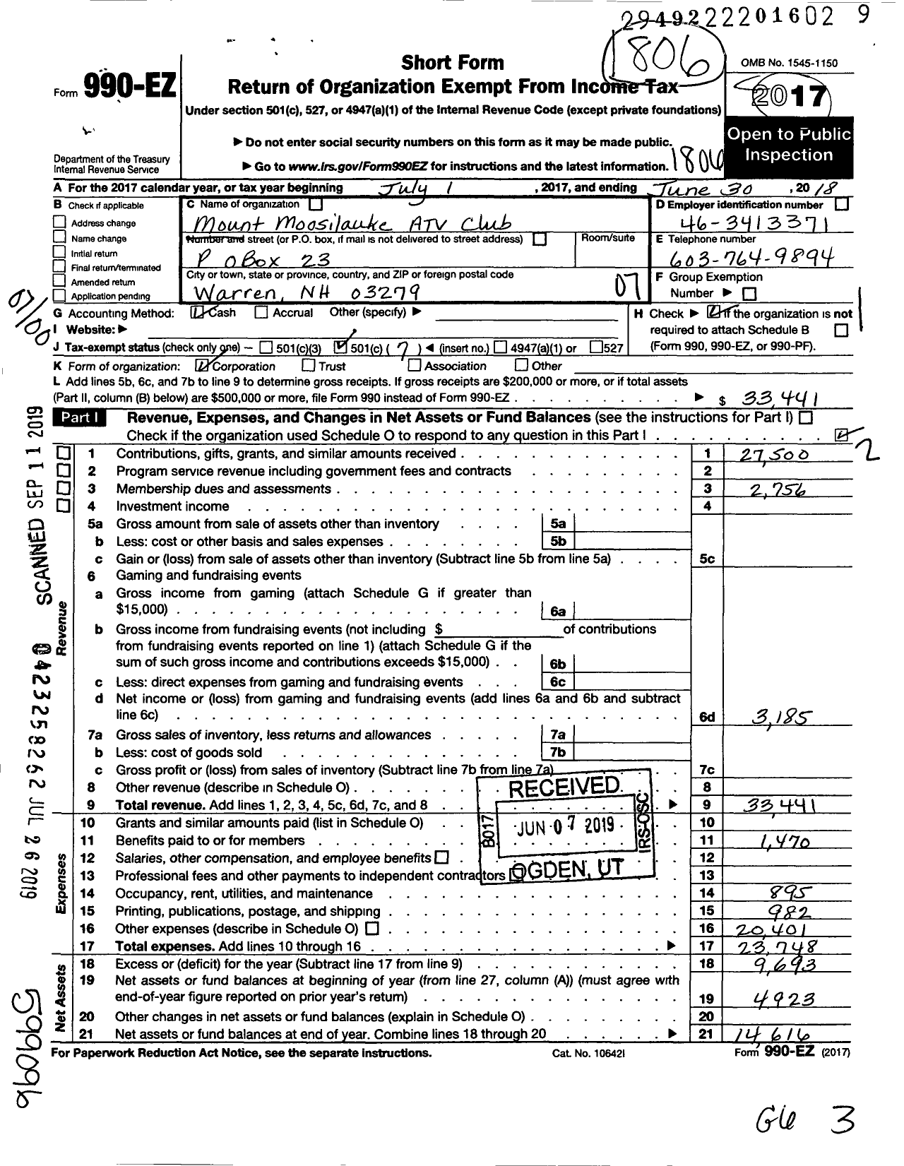 Image of first page of 2017 Form 990EO for Mount Moosilauke Atv Club