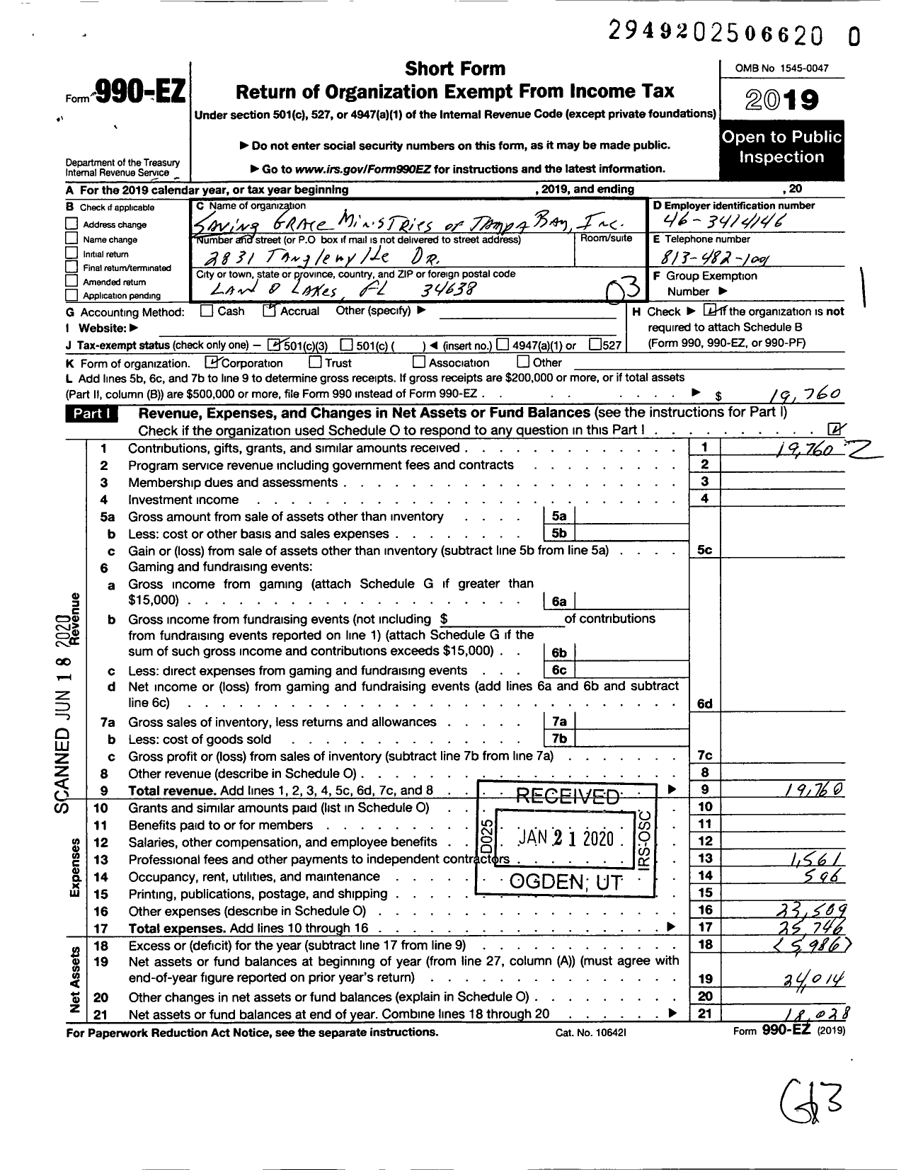 Image of first page of 2019 Form 990EZ for Saving Grace Ministries of Tampa Bay