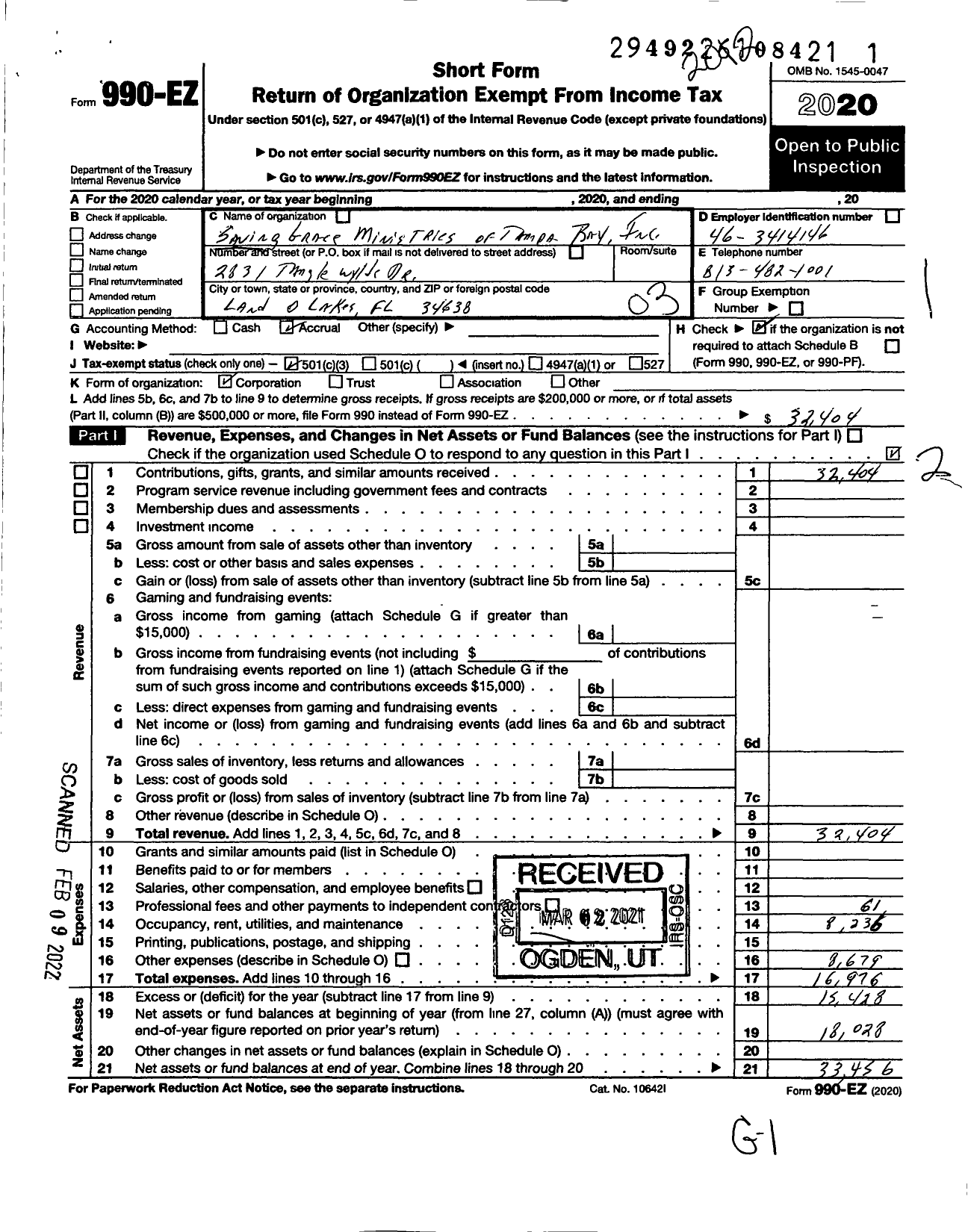 Image of first page of 2020 Form 990EZ for Saving Grace Ministries of Tampa Bay