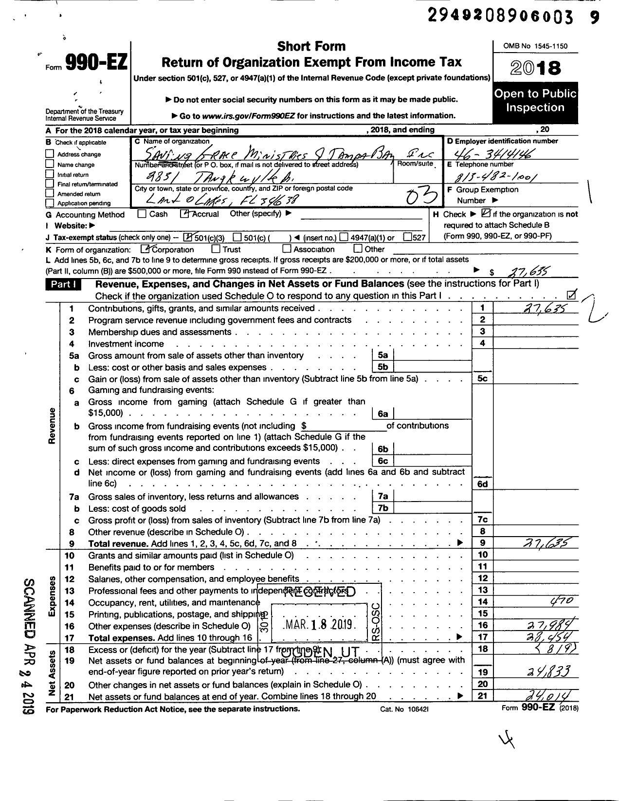 Image of first page of 2018 Form 990EZ for Saving Grace Ministries of Tampa Bay