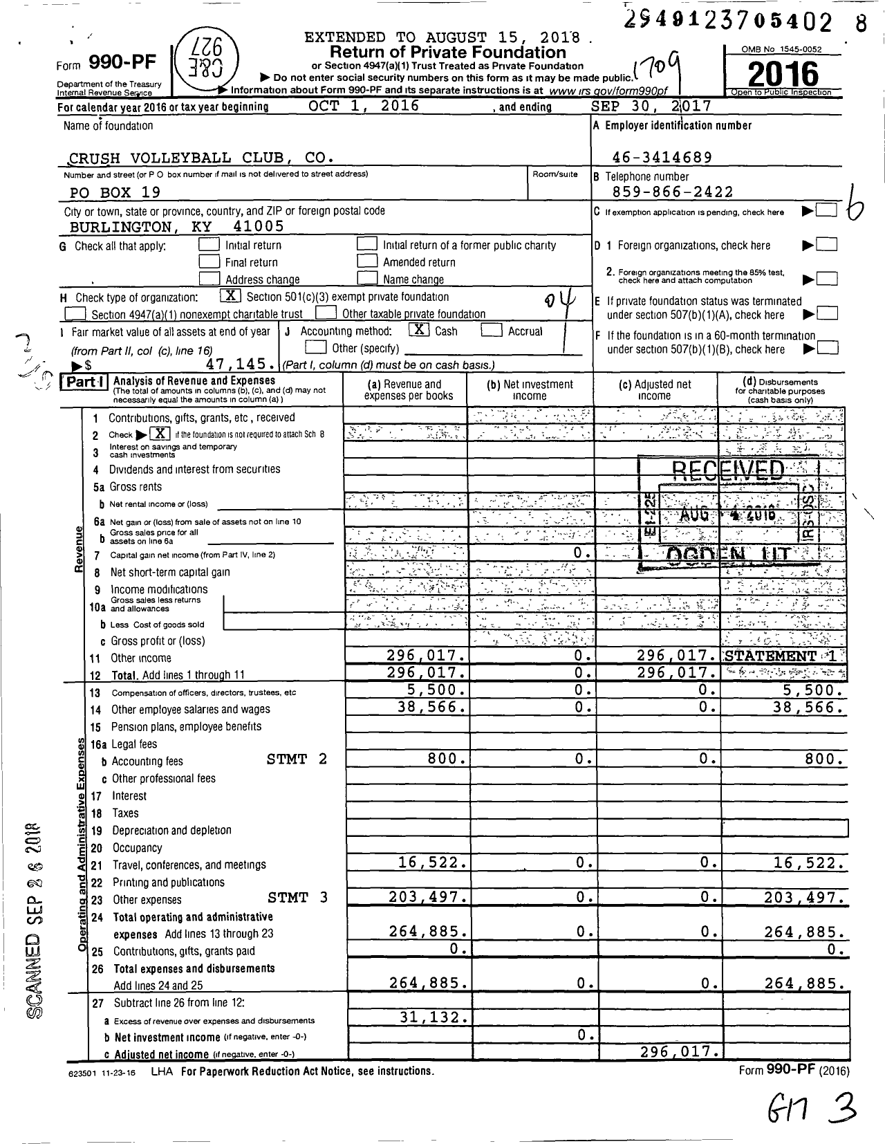 Image of first page of 2016 Form 990PF for Crush Volleyball Club