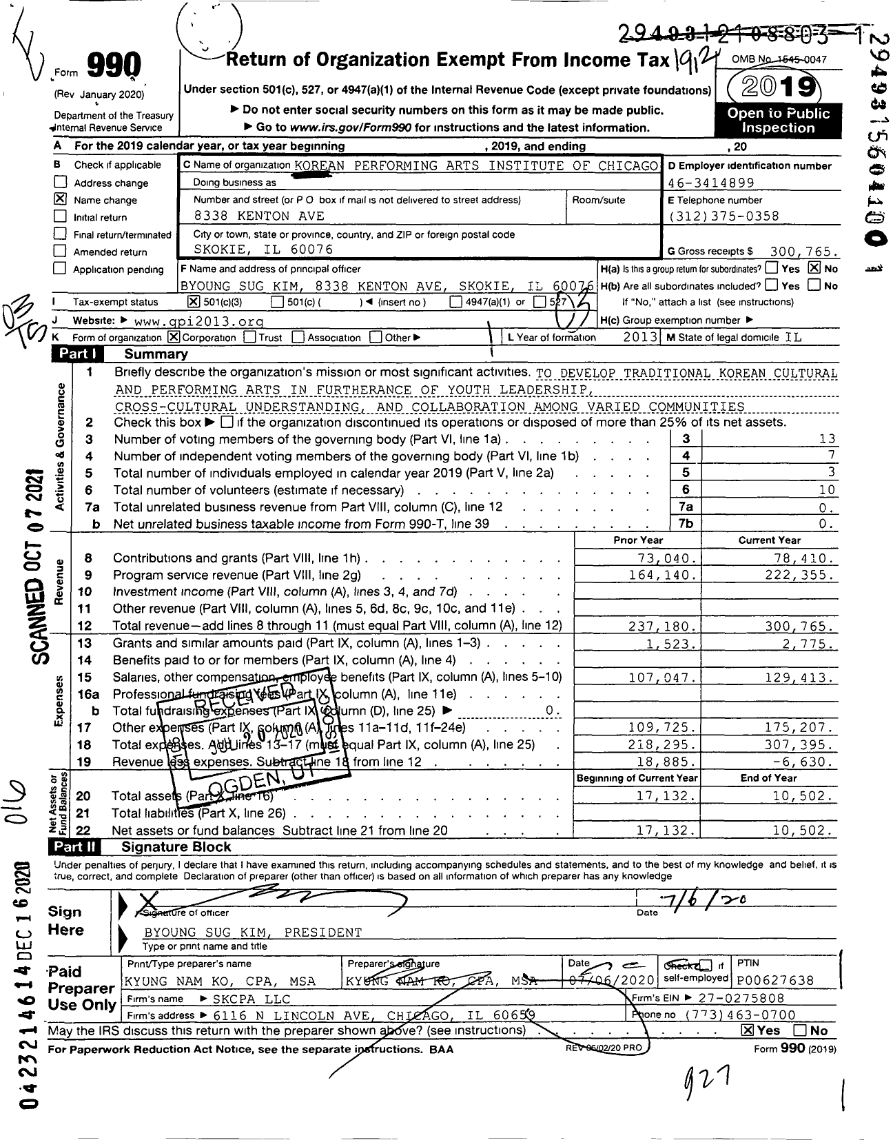 Image of first page of 2019 Form 990 for Korean Performing Arts Institute of Chicago