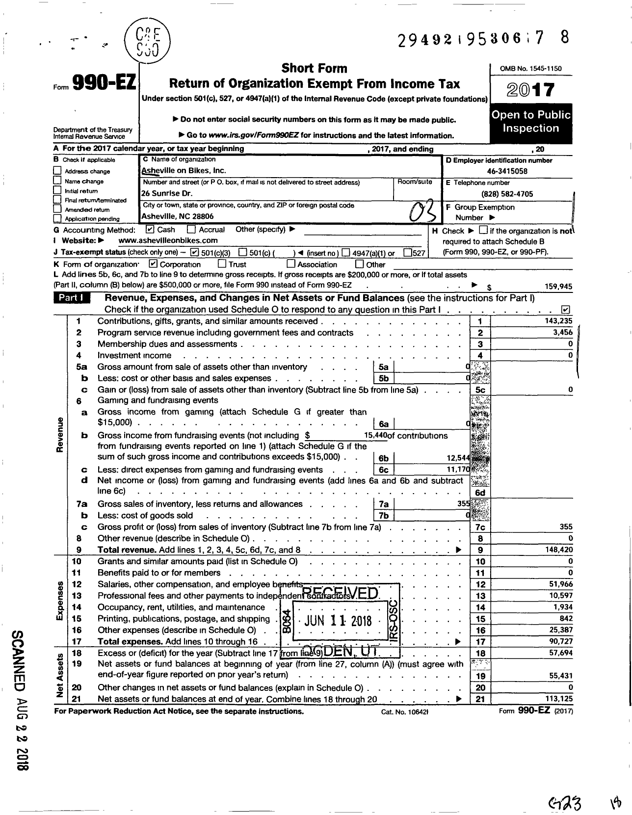 Image of first page of 2017 Form 990EZ for Asheville on Bikes