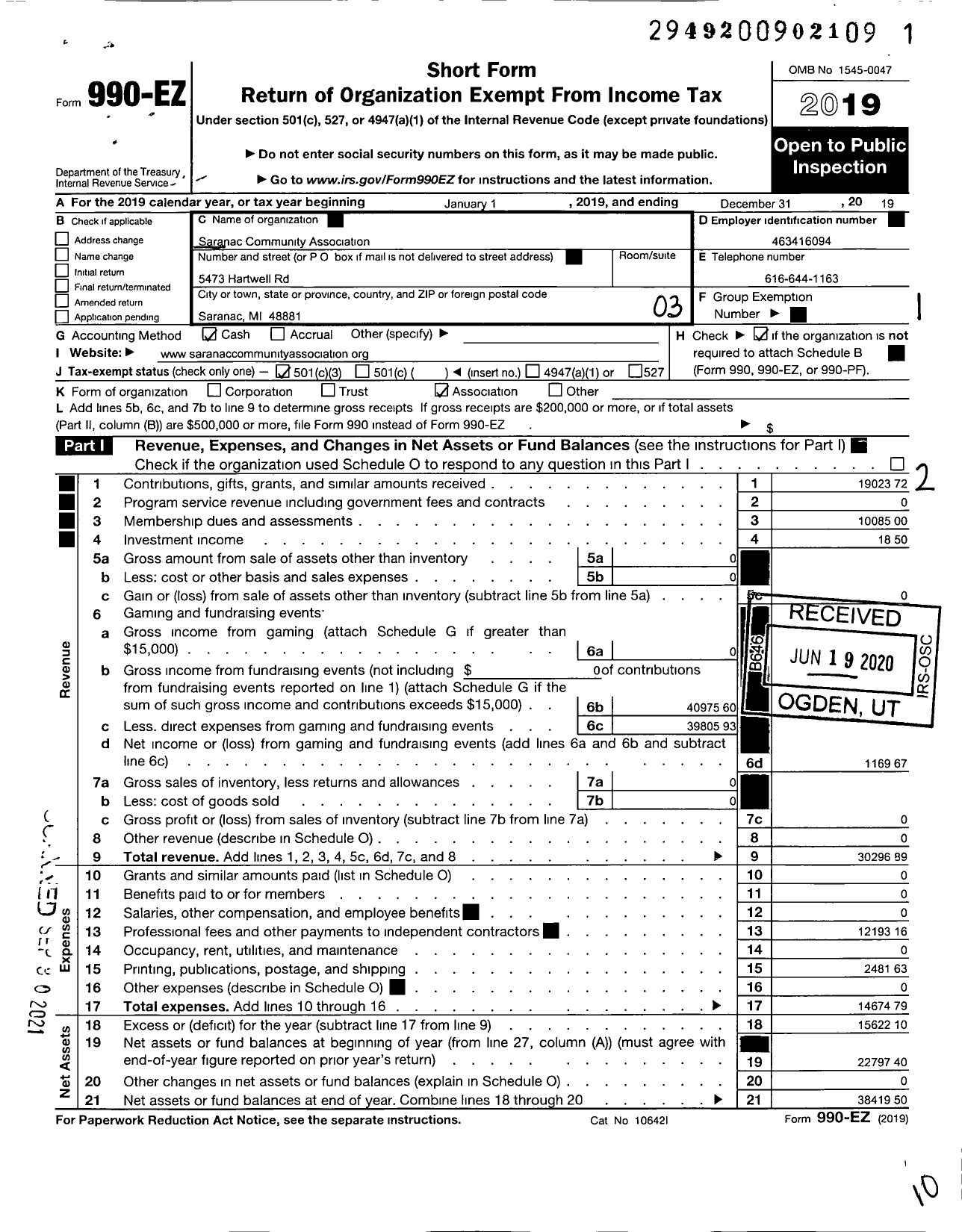 Image of first page of 2019 Form 990EZ for Saranac Community Association
