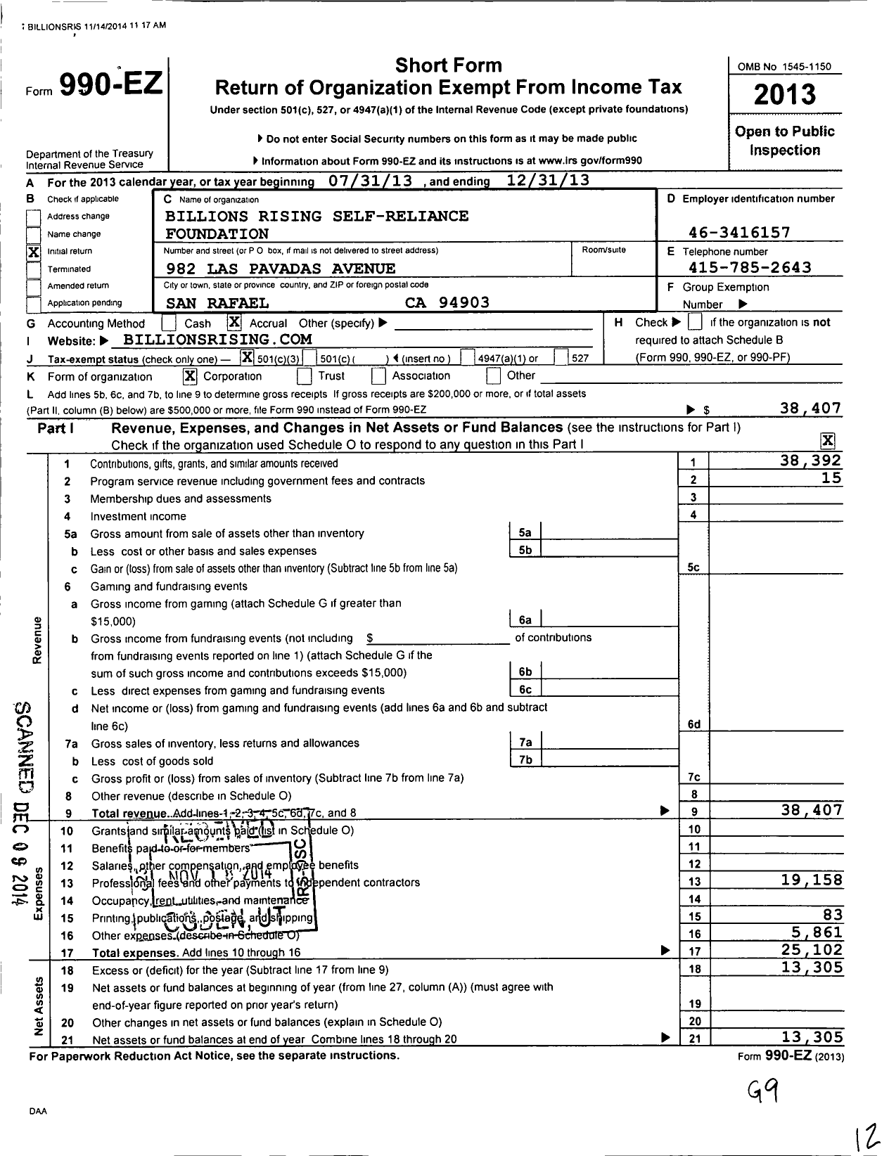 Image of first page of 2013 Form 990EZ for Billions Rising Self-Reliance Foundation