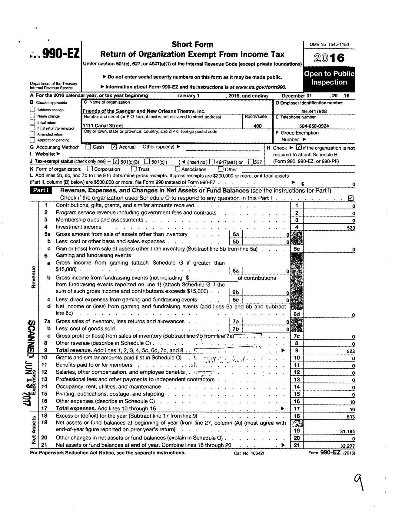 Image of first page of 2016 Form 990EZ for Friends of the Saenger and New Orleans Theatre