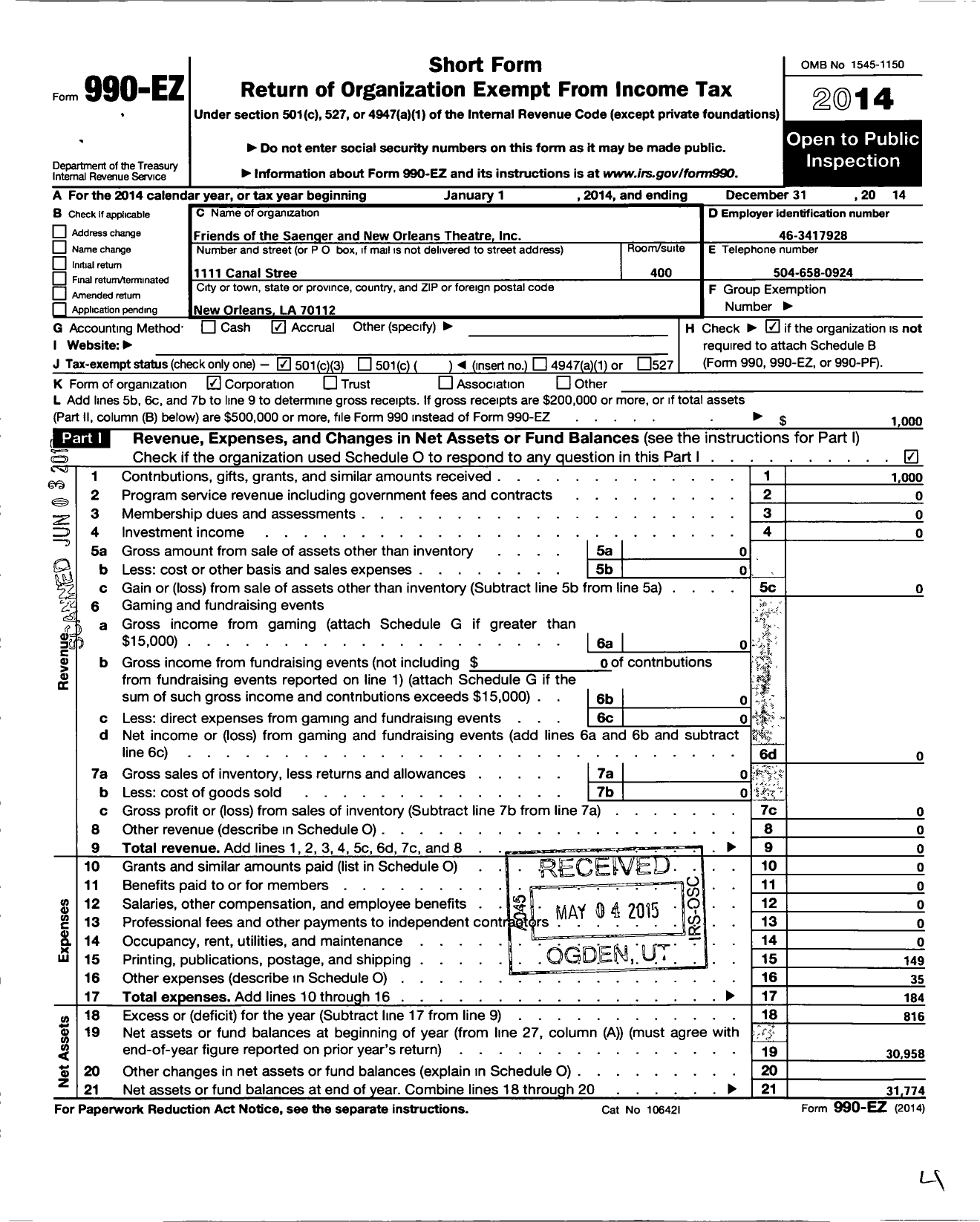 Image of first page of 2014 Form 990EZ for Friends of the Saenger and New Orleans Theatre