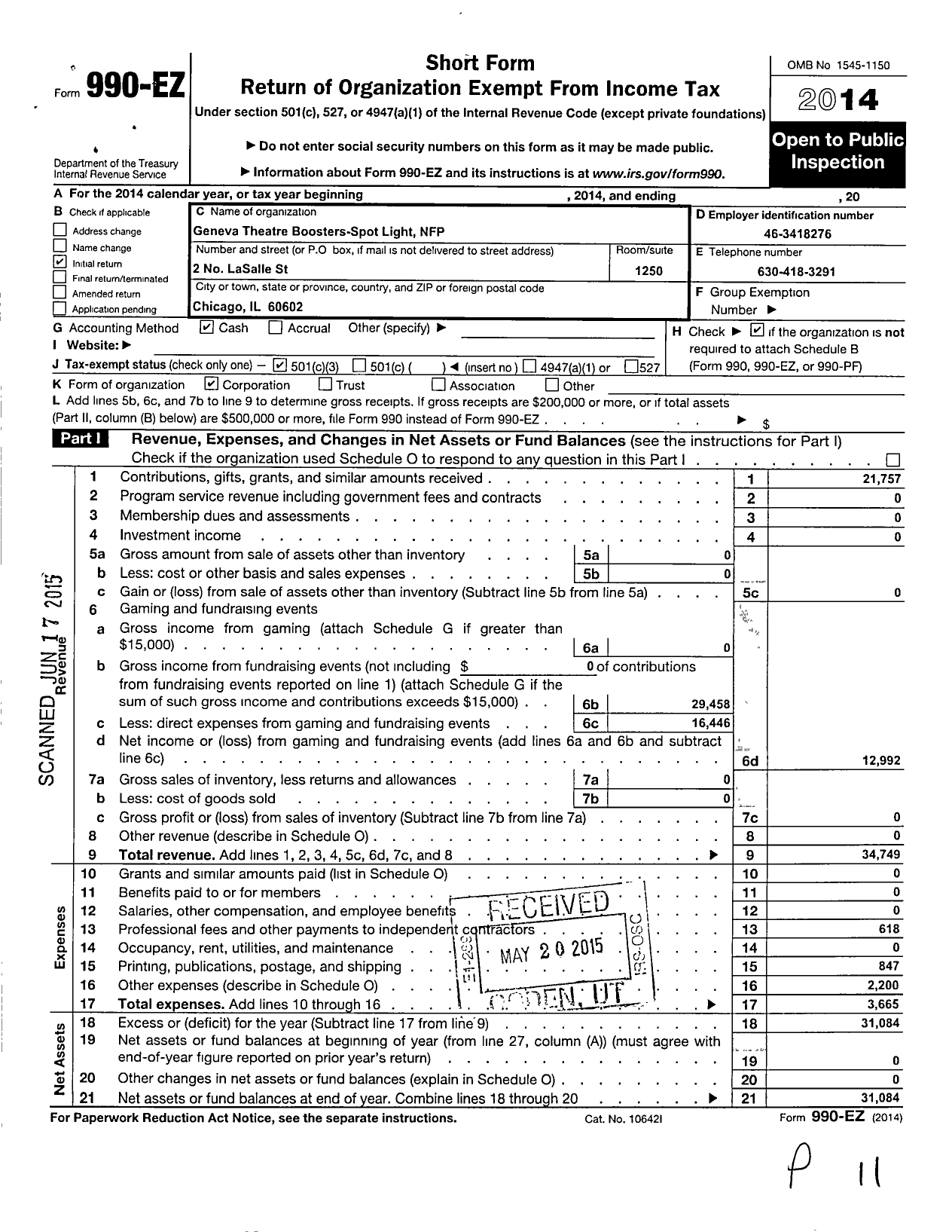 Image of first page of 2014 Form 990EZ for Geneva High School Theatre Boosters-Spot Light