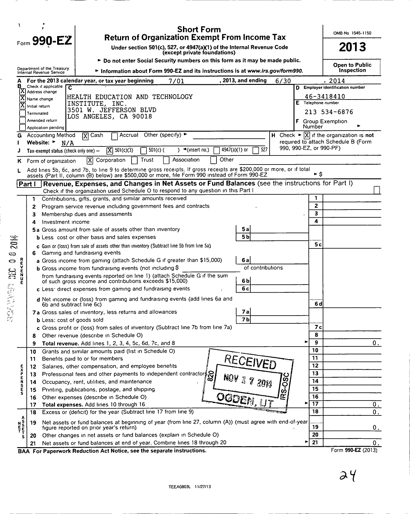 Image of first page of 2013 Form 990EZ for Health Education and Training Institute