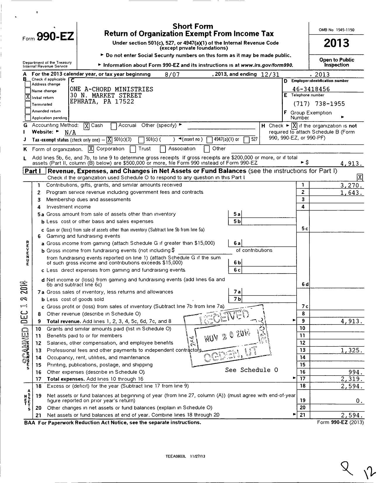 Image of first page of 2013 Form 990EZ for One A-Chord Ministries