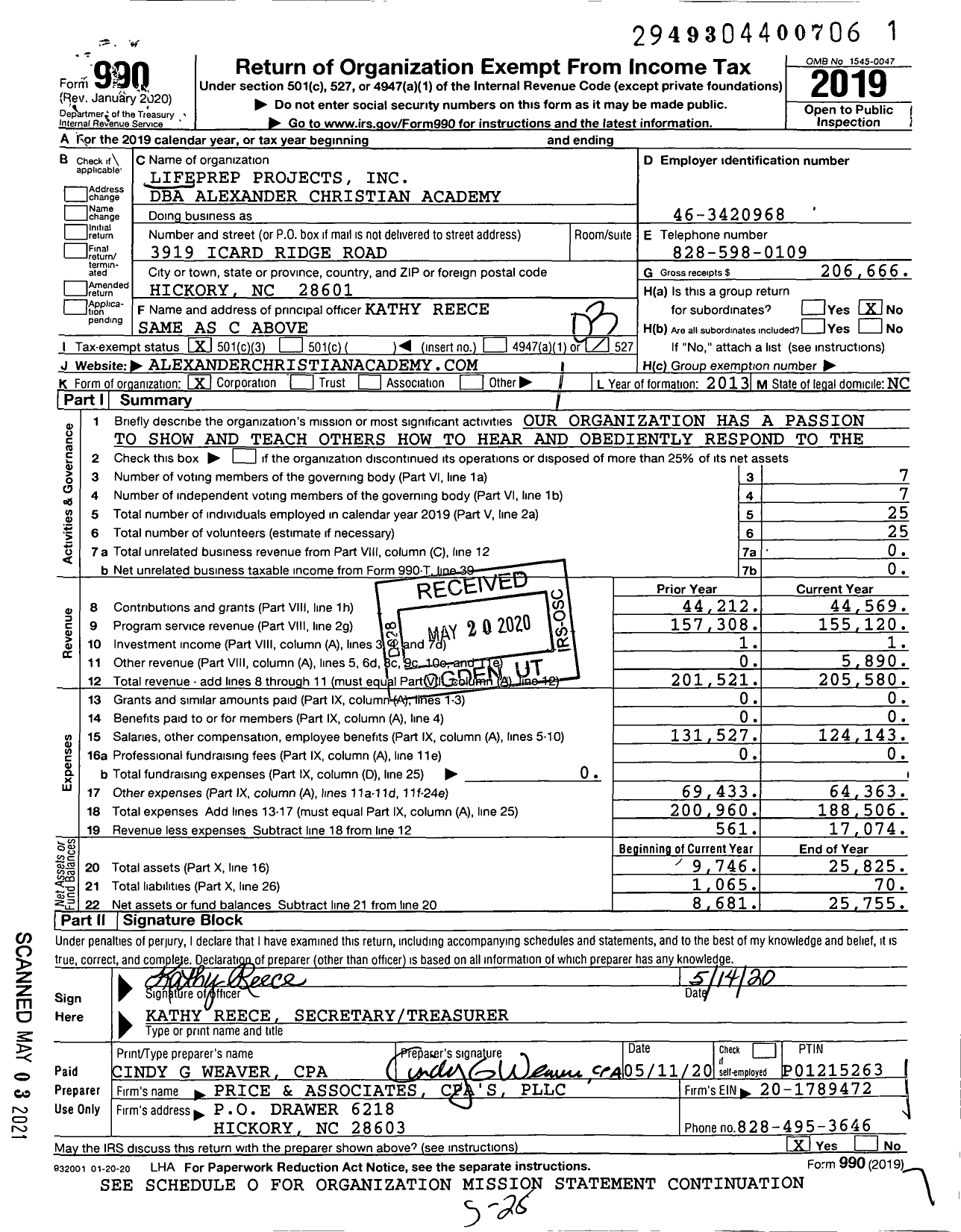 Image of first page of 2019 Form 990 for Alexander Christian Academy
